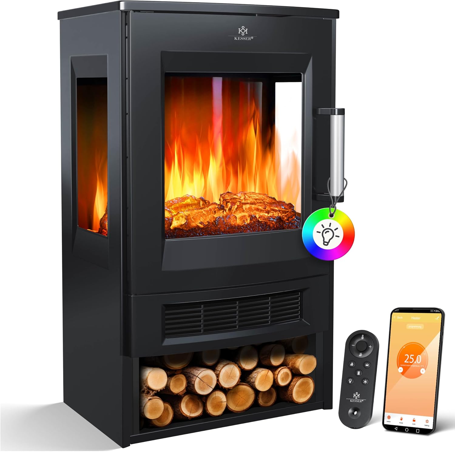 KESSER® Cheminée électrique avec Chauffage, fenêtre panoramique, Ventilateur Chauffant, Effet de Flamme LED avec 9 Modes de Couleur, télécommande, Application WiFi, 900/1800 W, (Noir)