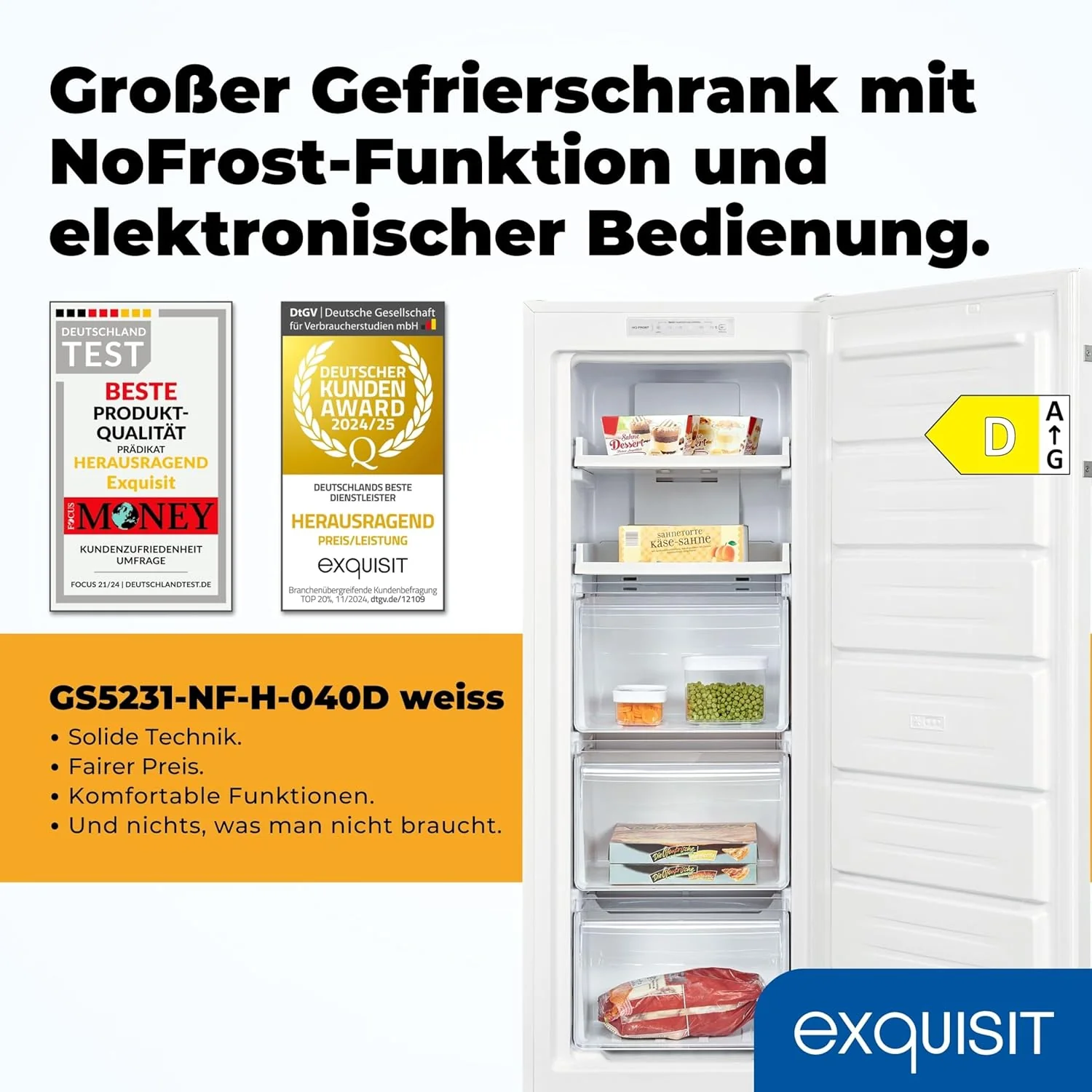 Exquisit Gefrierschrank NoFrost, Tiefk��hlschrank gro?, 161 Liter, Schnellgefrieren, Alarm-Funktion, GS5231-NF-H-040C weiss