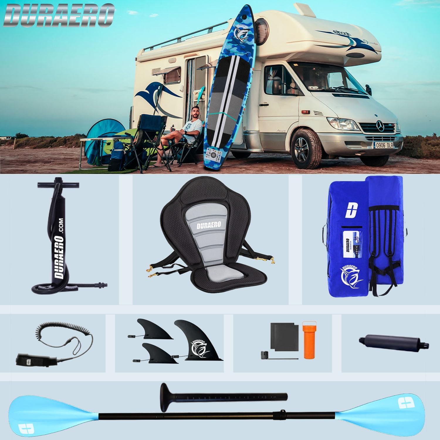 Inflatable Paddle Board with Kayak Seat, 330 x 76 x 15 cm, up to 150 kg, Integrated Pad, Detachable Fin, Double Adjustable Paddle, Repair Kit, Blue Camouflage