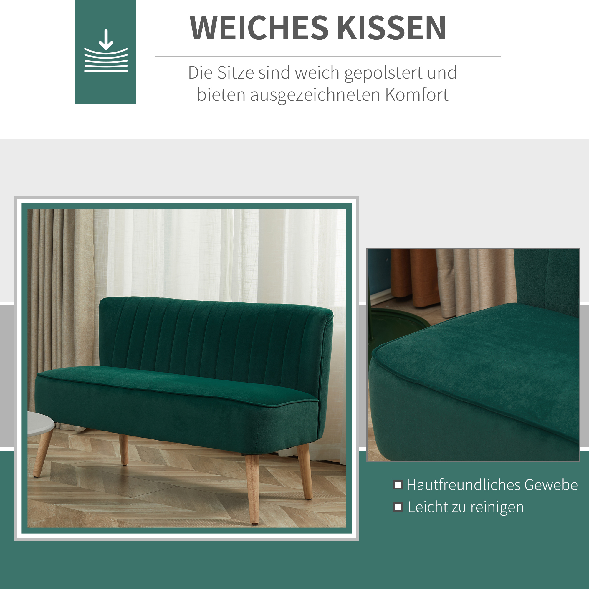 Sofa Retrodesign 2-zitsbank, houten poten, 117 cm x 56,5 cm x 77 cm, Donkergroen
