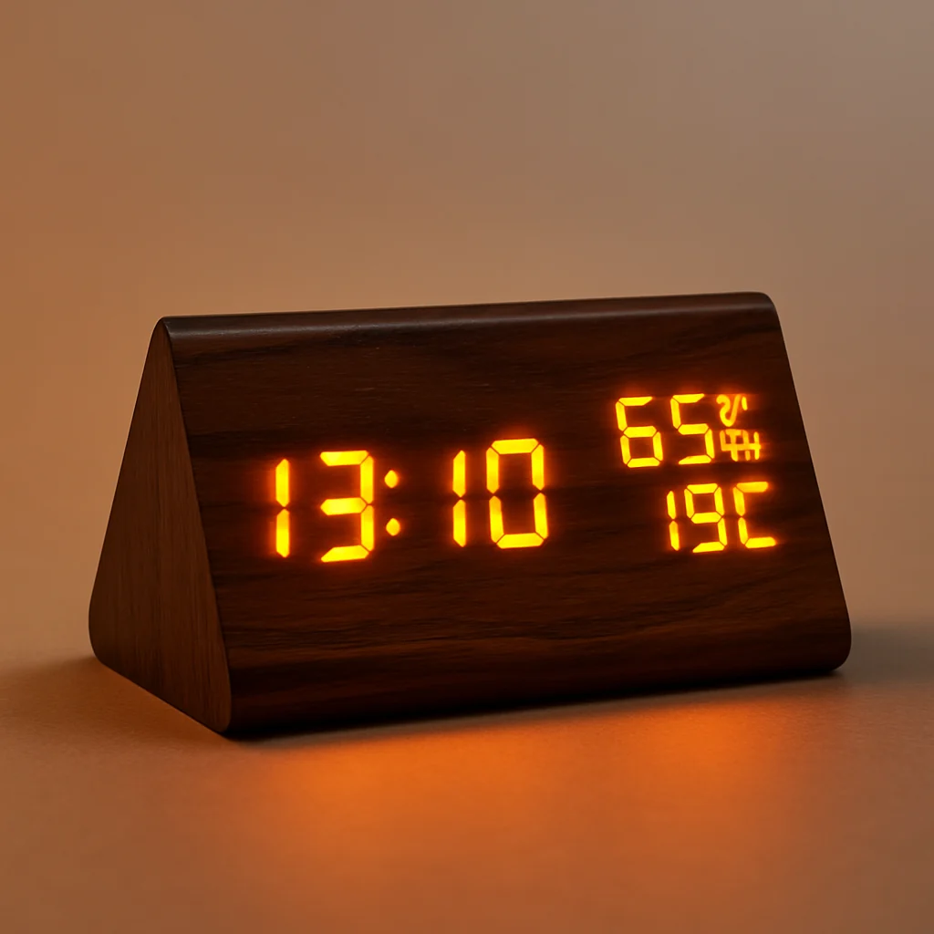 Moderner digitaler LED-Wecker aus Holz mit Temperaturanzeige