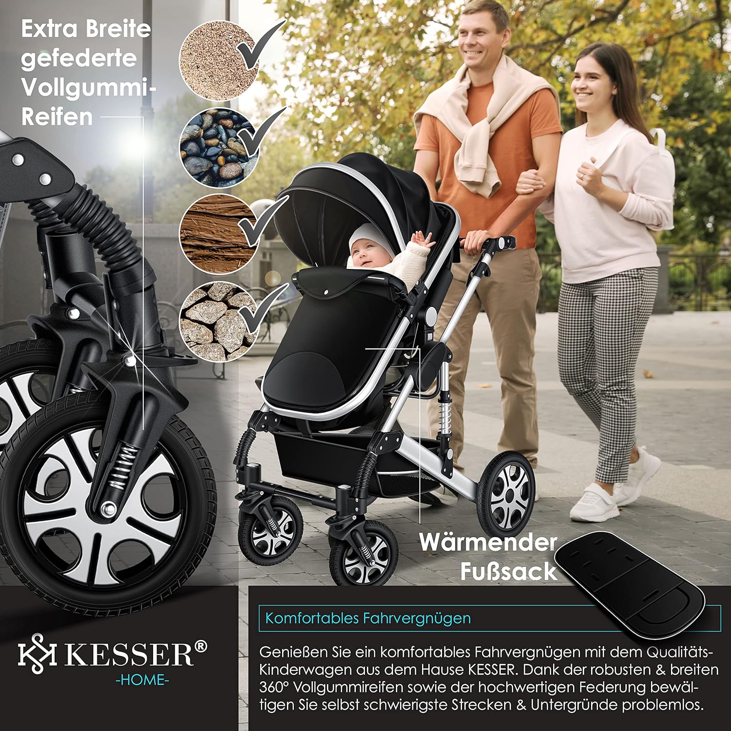 KESSER® Loops 3 in 1 Kinderwagen Kombikinderwagen Komplett-Set inkl. Babywanne & Buggy Sportsitz & Auto-Babyschale Voll-Gummireifen Wickeltasche Regenschutz Kindertisch ECE R129, Schwarz/Champagne