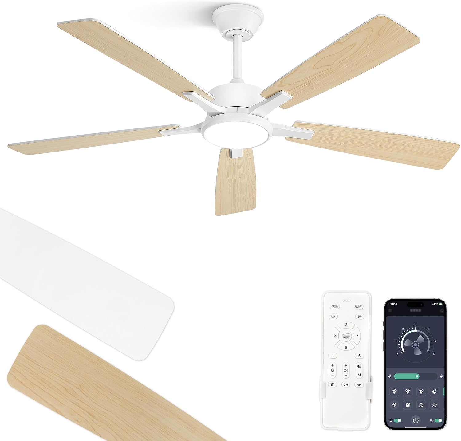 ZMISHIBO Ventilateur de plafond avec lumière 132 cm, Plafonnier ventilateur, APP et télécommande, Moteur DC silencieux, Réversible, 5 pales, LED 3CCT dimmable