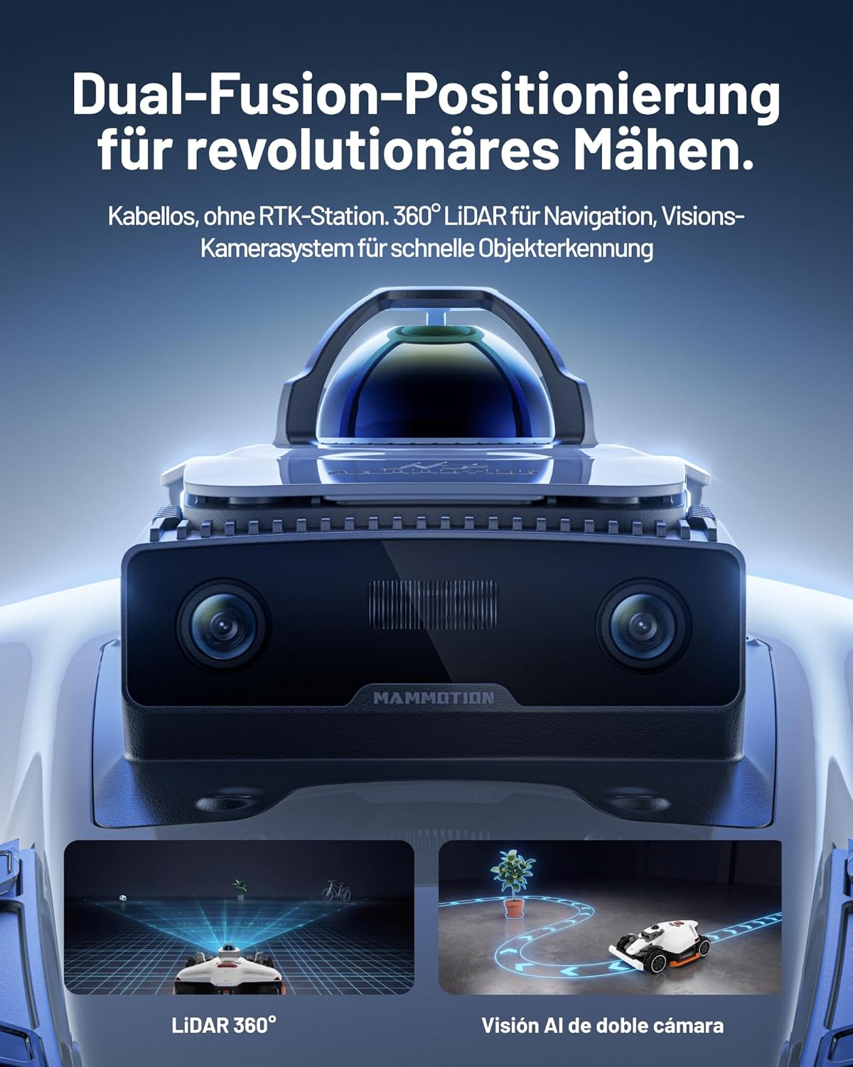 MAMMOTION LUBA 3 AWD 1500 Mähroboter ohne Begrenzungskabel für 1500㎡, 360° LiDAR+Dual-Kamera mit KI-Steuerung, Kein RTK, AWD für bis zu 80% Steigung, 15 Multi-Zonen, Schnitthöhe 25-70 mm, 9,4Ah-AKKU