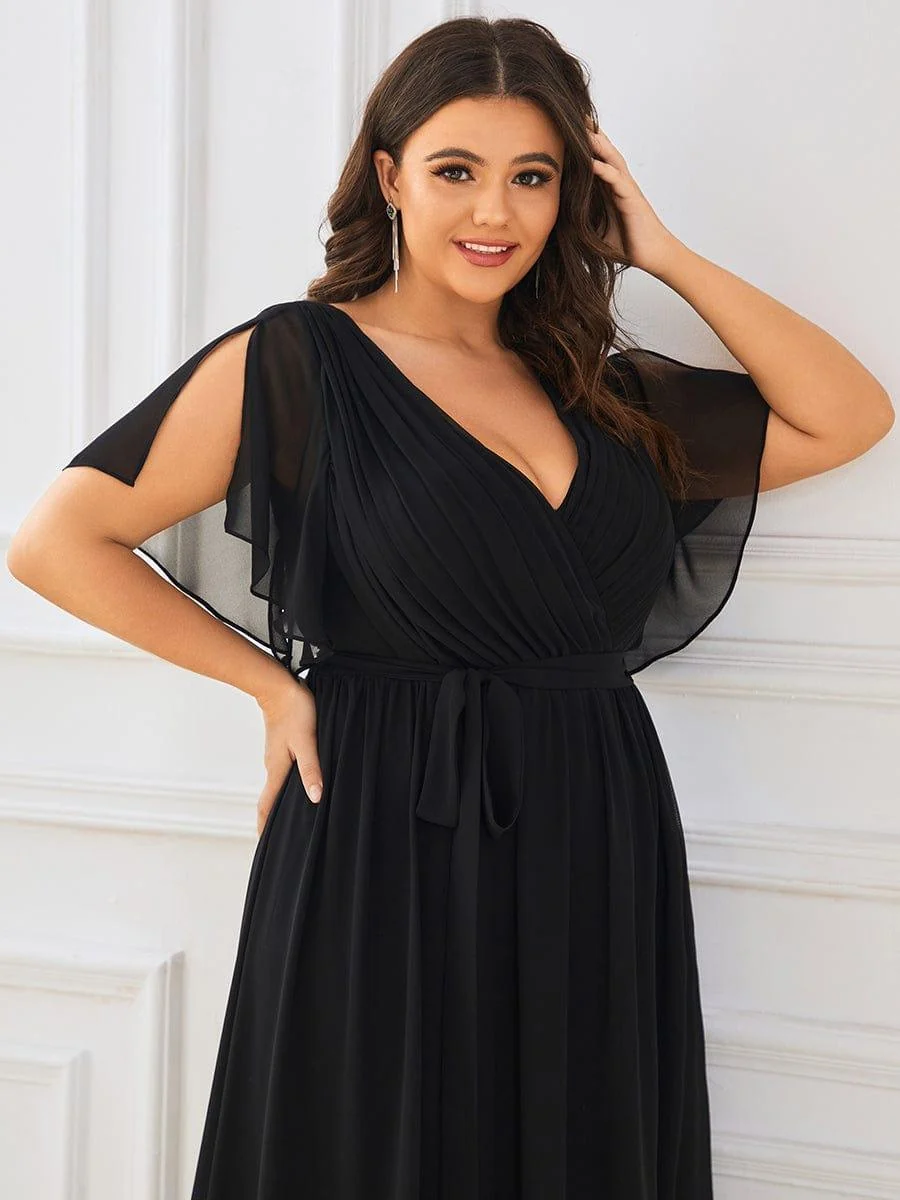 Abendkleid Damen Maxi A-Linie aus Chiffon | Festliches Kleid f��r Hochzeitsg?ste mit V-Ausschnitt und Fl��gel?rmeln
