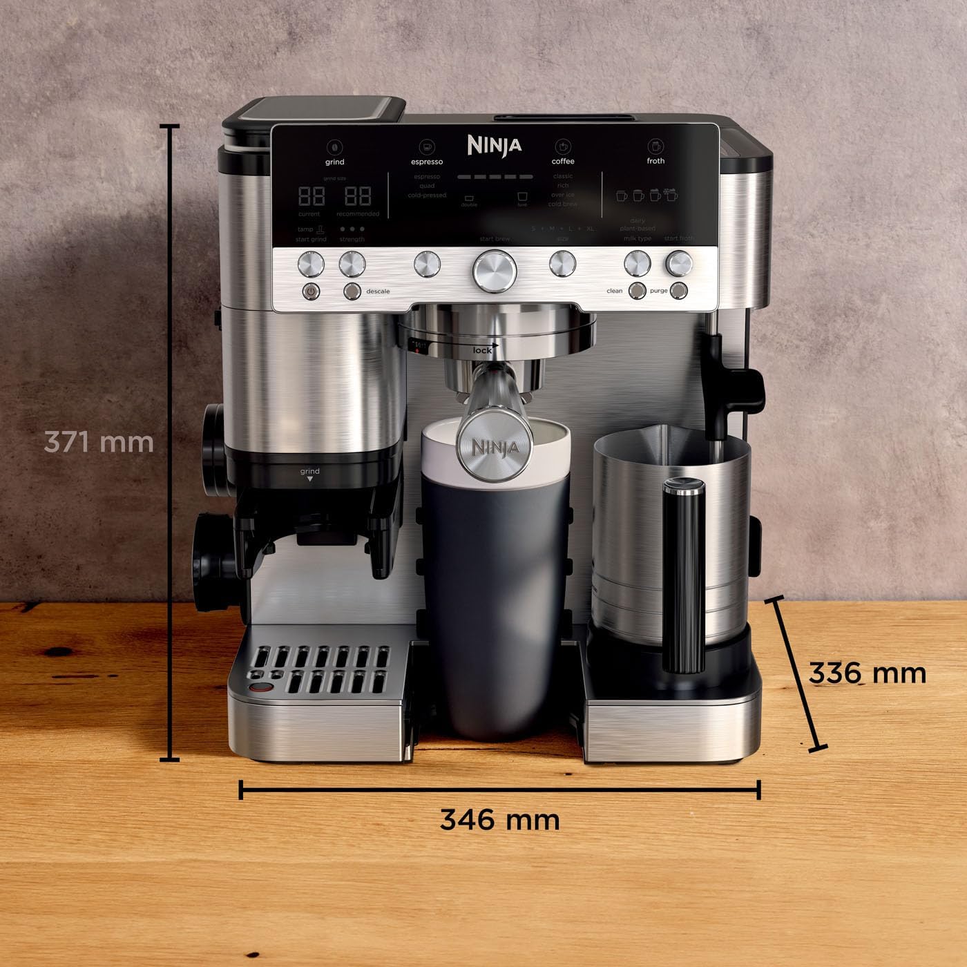 Ninja Luxe Essential 2-in-1-Kaffeemaschine mit Mahlwerk und Aufschäumer für Latte, Cappuccino & Espresso, einfache Handhabung, 2 Voreinstellungen zum Aufschäumen, Silber, ES501EU