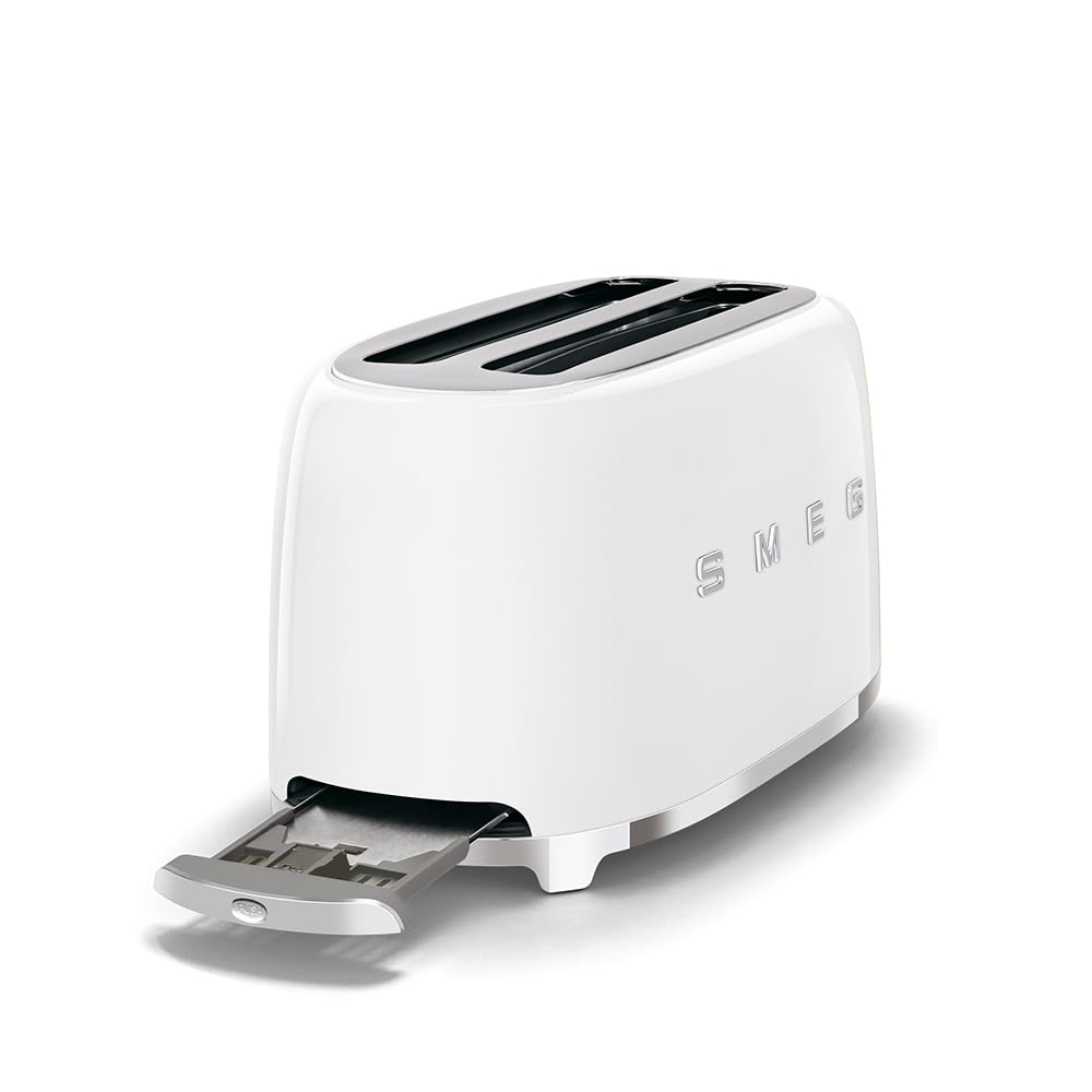Smeg, 2x2 TSF02WHEU -Toaster, 2 lange Schlitze für 2 Scheiben, 6 Vergoldungsniveaus, Heizfunktion, Abtau- und Bagel- Funktion, Sammelschublade, 950W, Weiß