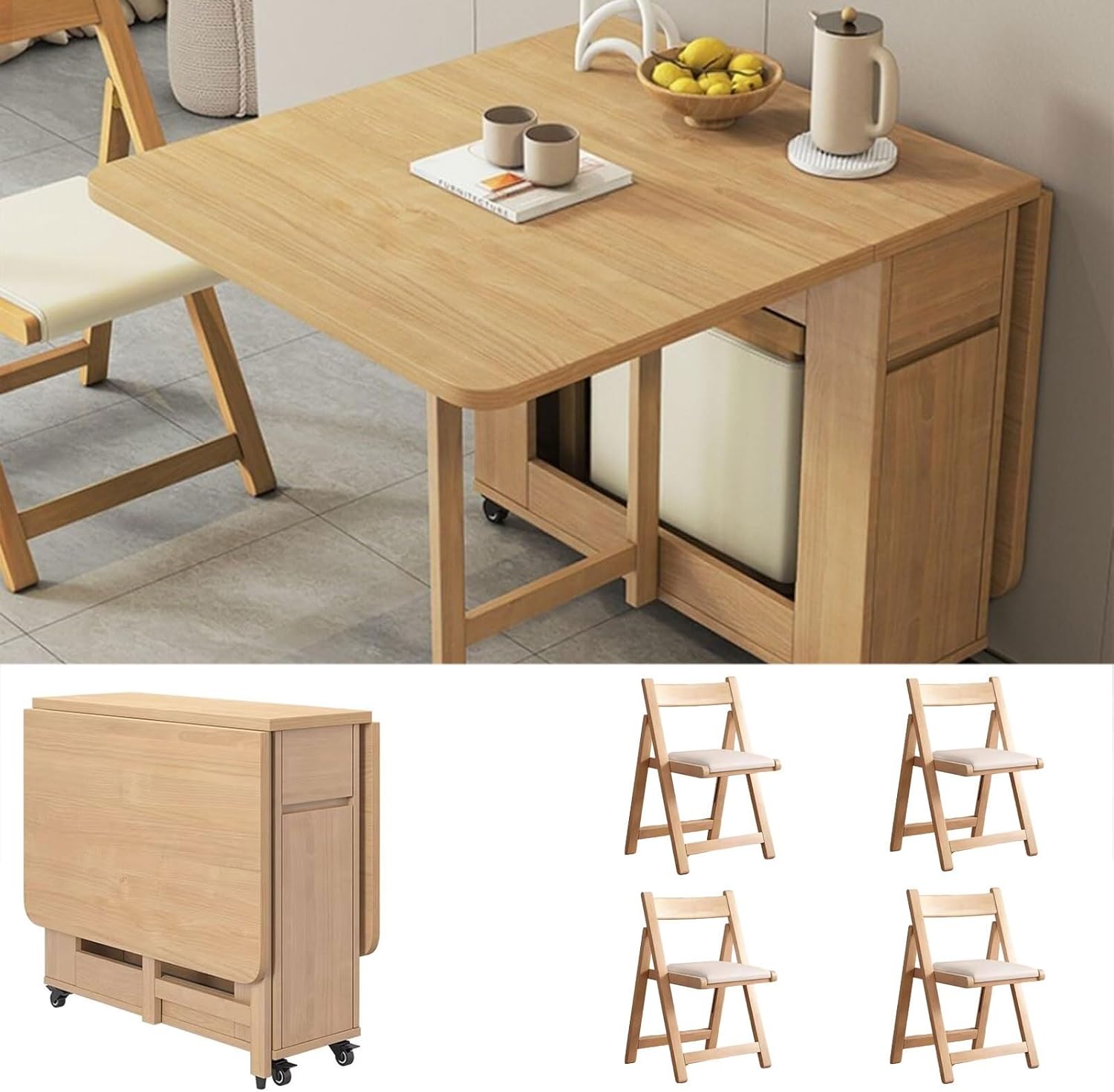 Zusammenklappbares Esstisch-Set, ausziehbarer Esstisch aus Holz mit Stauraum und Rollen, platzsparend, multifunktional, faltbar, Küchentische für kompakte Wohnung, Zuhause, Esszimmer