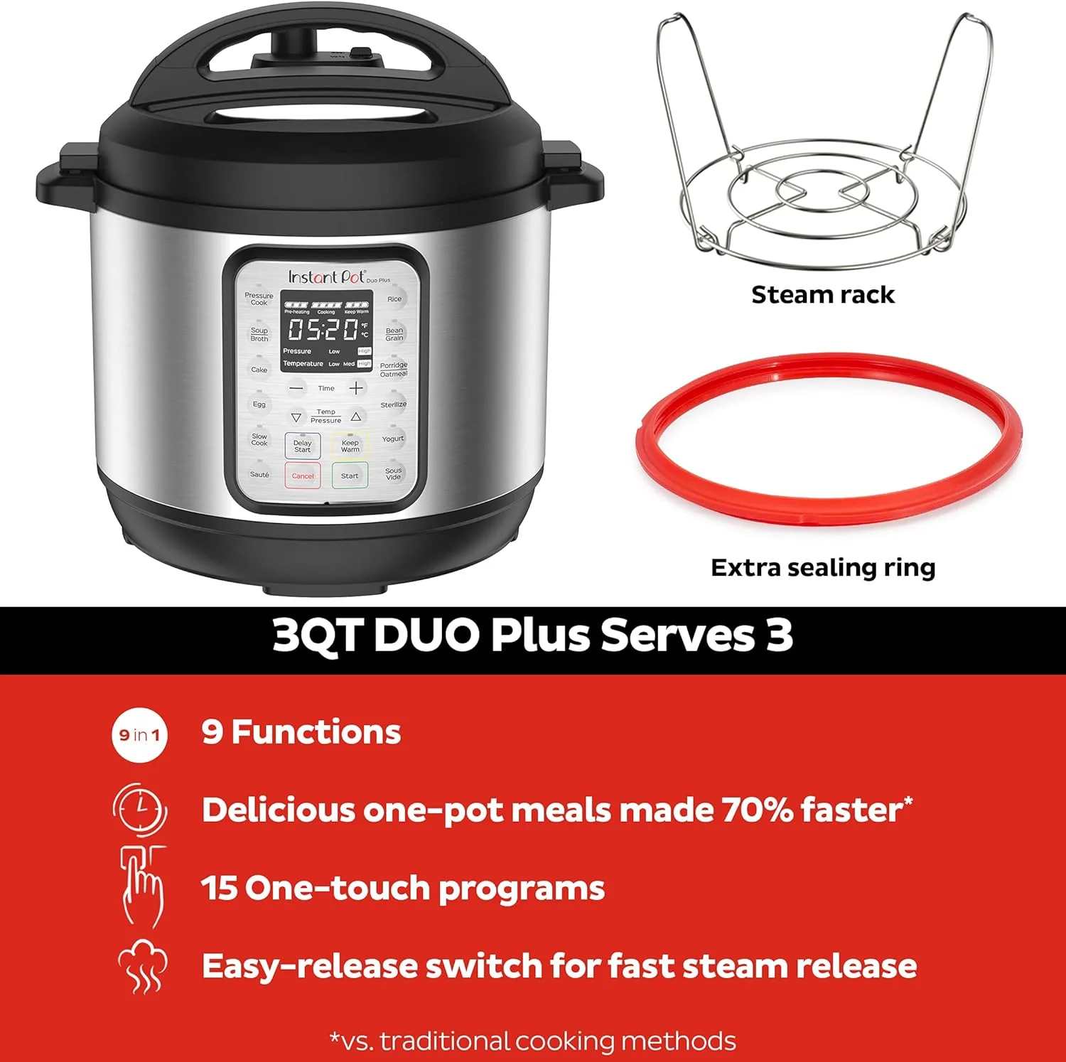 9-in-1 Multicooker. Pressure Cooker. Slow Cook. Rice Maker. Steamer. Saut茅. Yogurt. Warmer & Sterilizer. Includes App With Over 800 Recipes. Stainless Steel. 6 Quarts