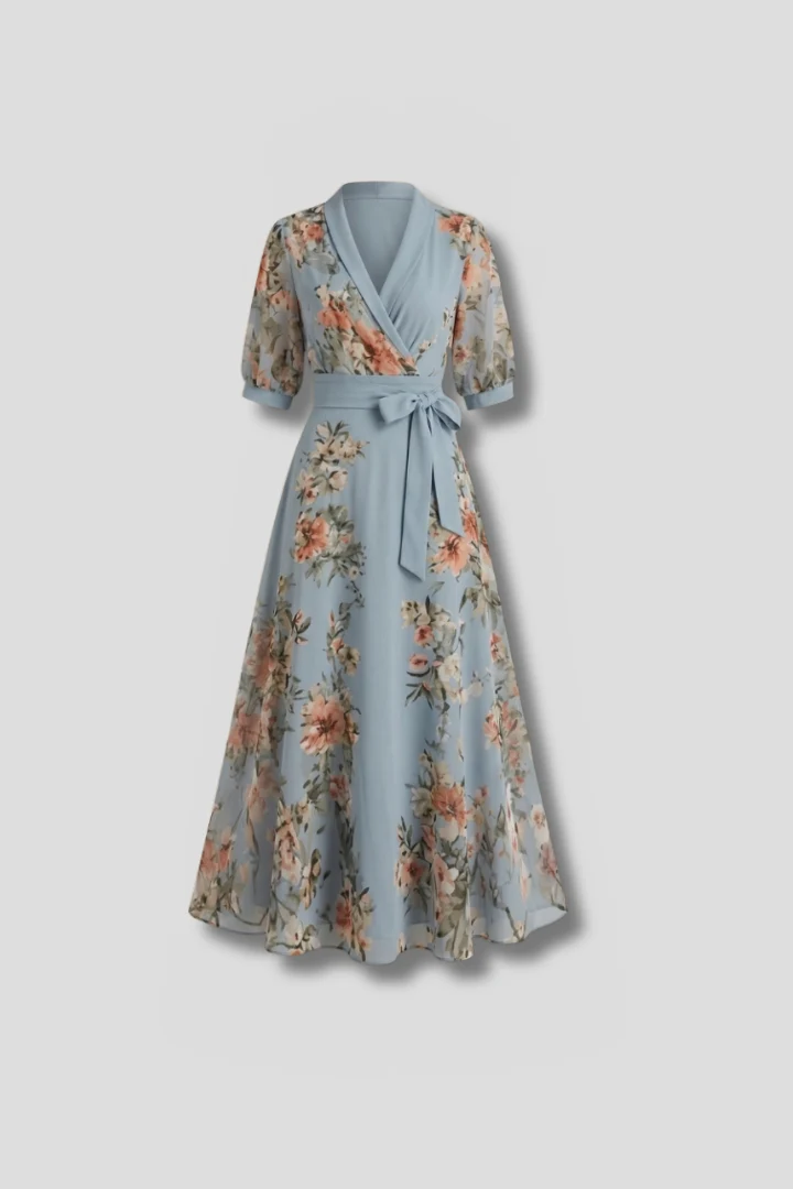 Damen Midi-Kleid mit V-Ausschnitt und Blumenmuster | Kurzarm Freizeitkleid mit Stretch-Anteil und taillierter Passform