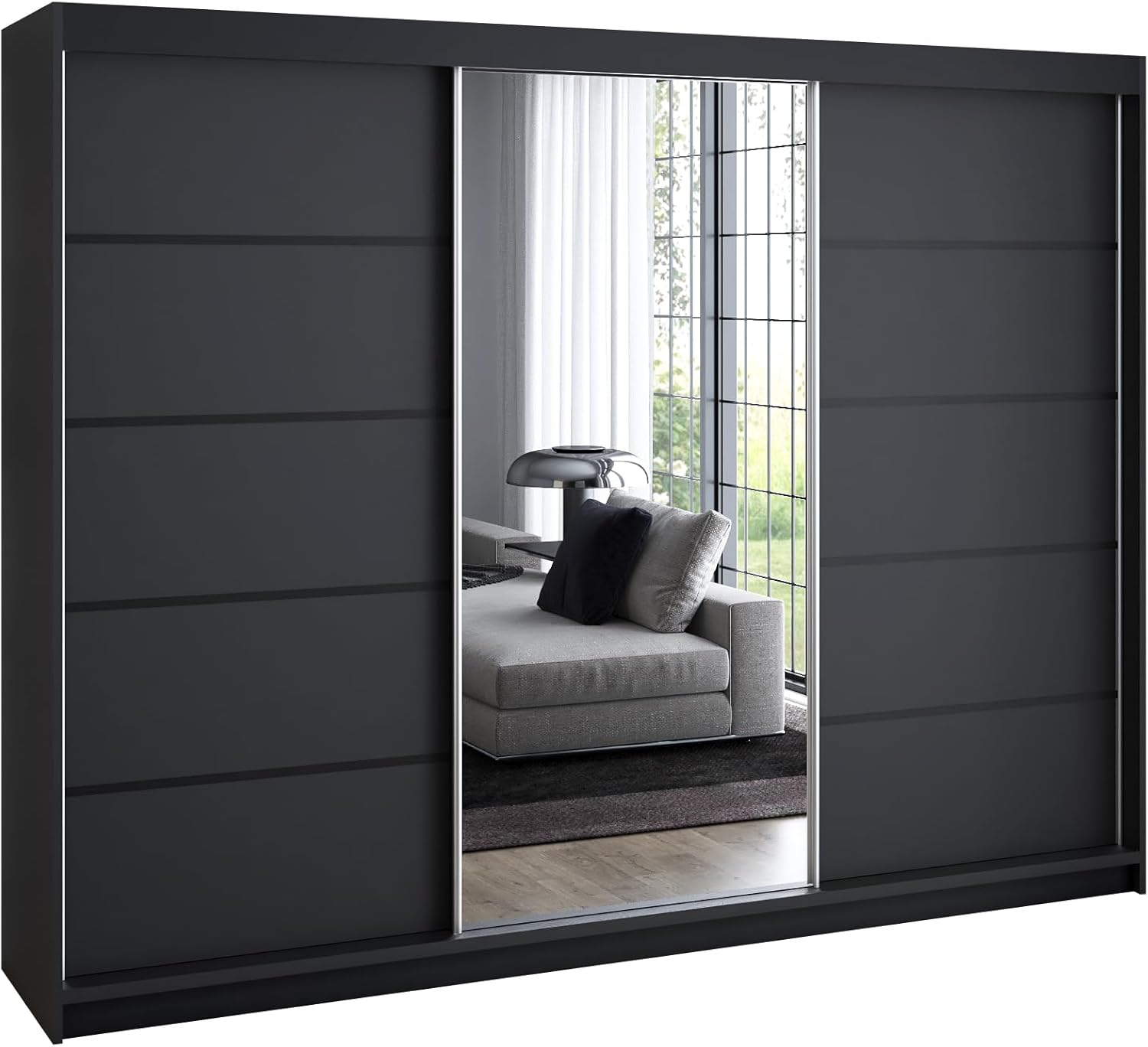 A&J MöbelLand Schwebetürenschrank VILUNO 2 Kleiderschrank 3-türig 200 cm mit Spiegel, 4 Schubladen & 2 Kleiderstangen, Geräumiger Schlafzimmerschrank (Schwarz)