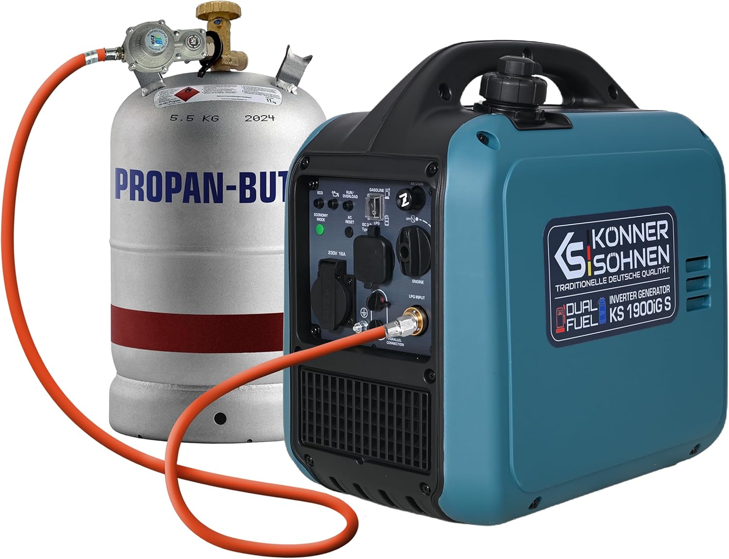 Könner  und  Söhnen Inverter Stromerzeuger KS 1900iG S, 2000W Dual Fuel Generator (LPG/Benzin), Notstromaggregat Leise, 17kg Ultraleicht, Reine Sinuswelle, Eco-Mode, USB, Euro-5