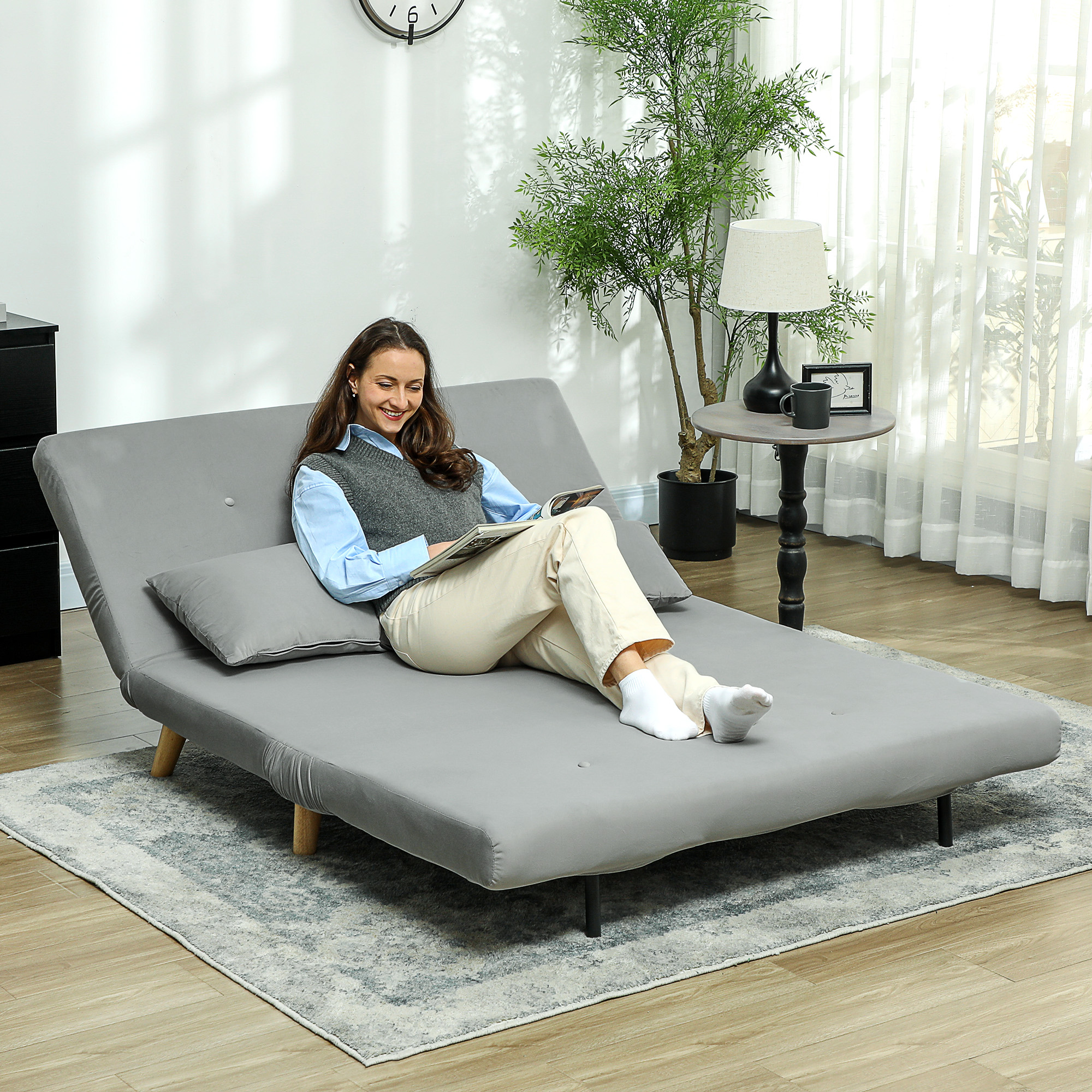 Slaapbank Relaxbank Bank Sofa, incl. 2 Kussens, Fluweel Look, 130 x 78 x 79 cm, Lichtgrijs