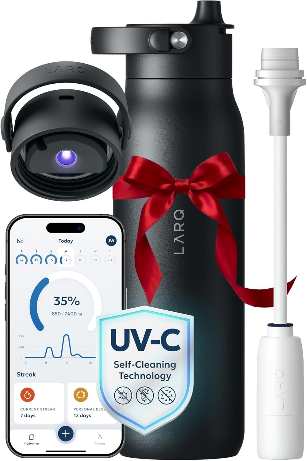 LARQ PureVis Self-Cleaning Water Bottle, Obsidian Black, 1L