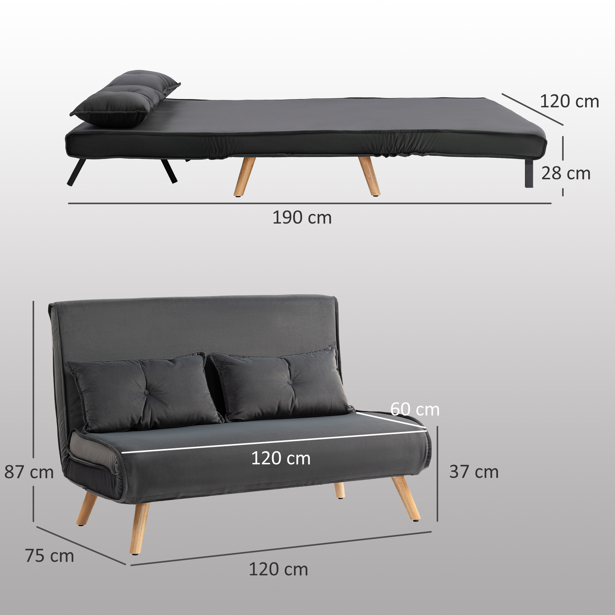 2-zits slaapbank, bedbank, om te bouwen bank met verstelbare rugleuning, stofbekleding, metalen frame, Grijs