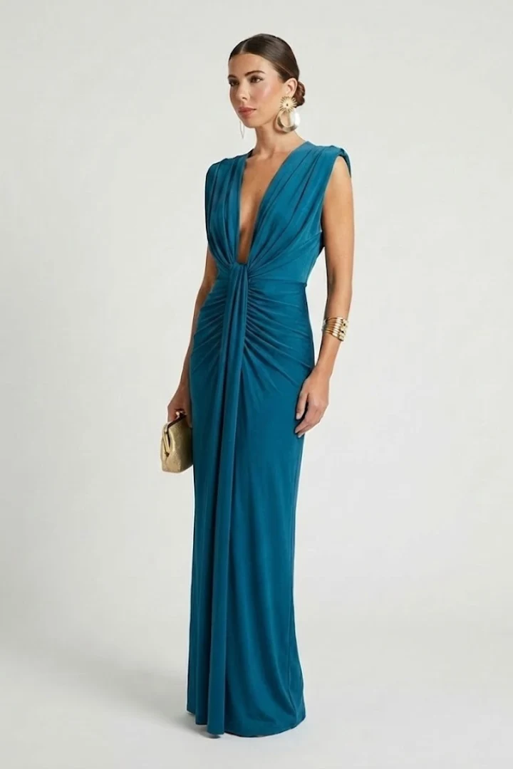 Damen Maxikleid mit V-Ausschnitt | ?rmelloses Abendkleid bodenlang mit vertikaler Plissierung f��r festliche Anl?sse