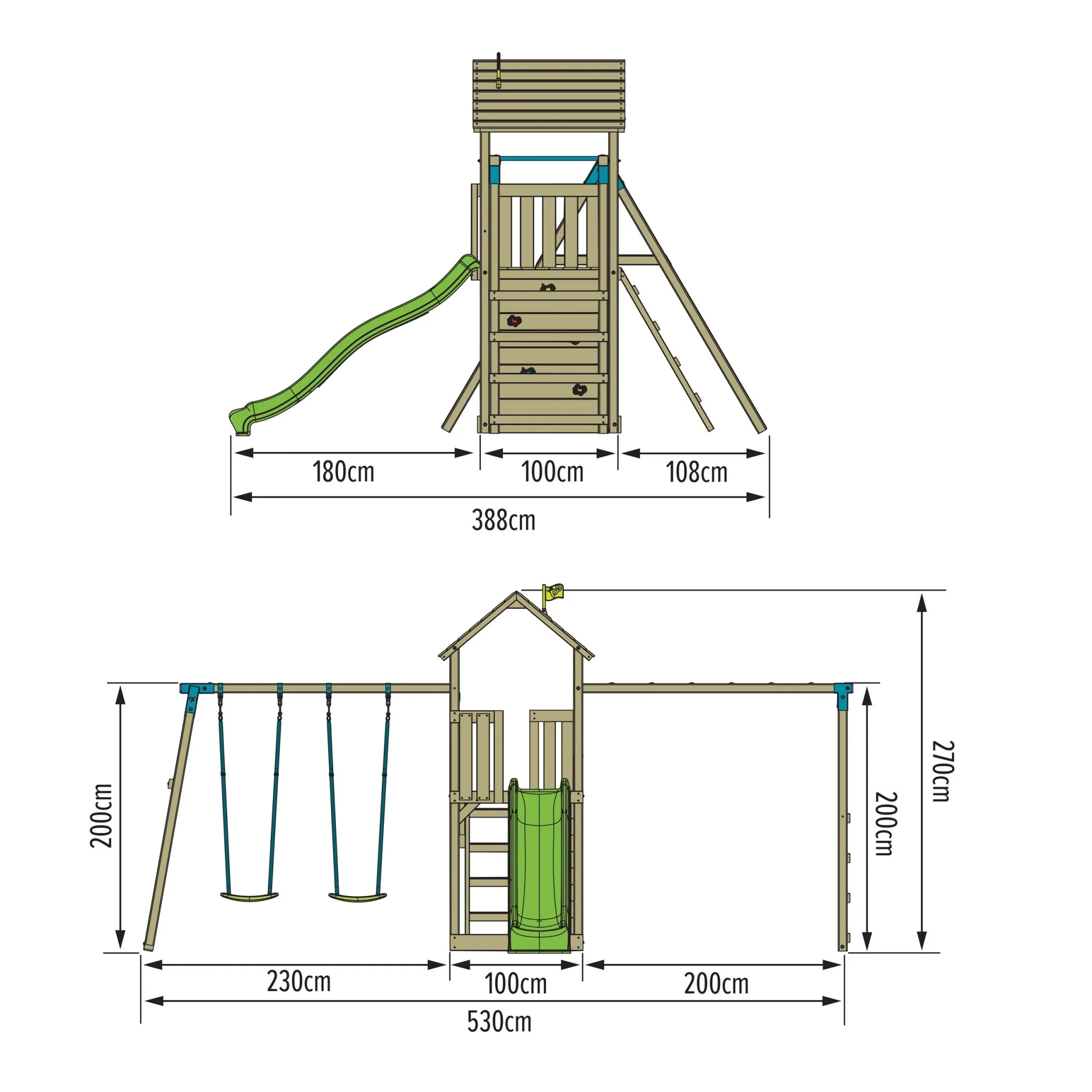 TP Skywood Klimstructuur van Hout met Ripple Glijbaan, Monkey Bars en Dubbele Schommelarm - FSC? Gecertificeerd