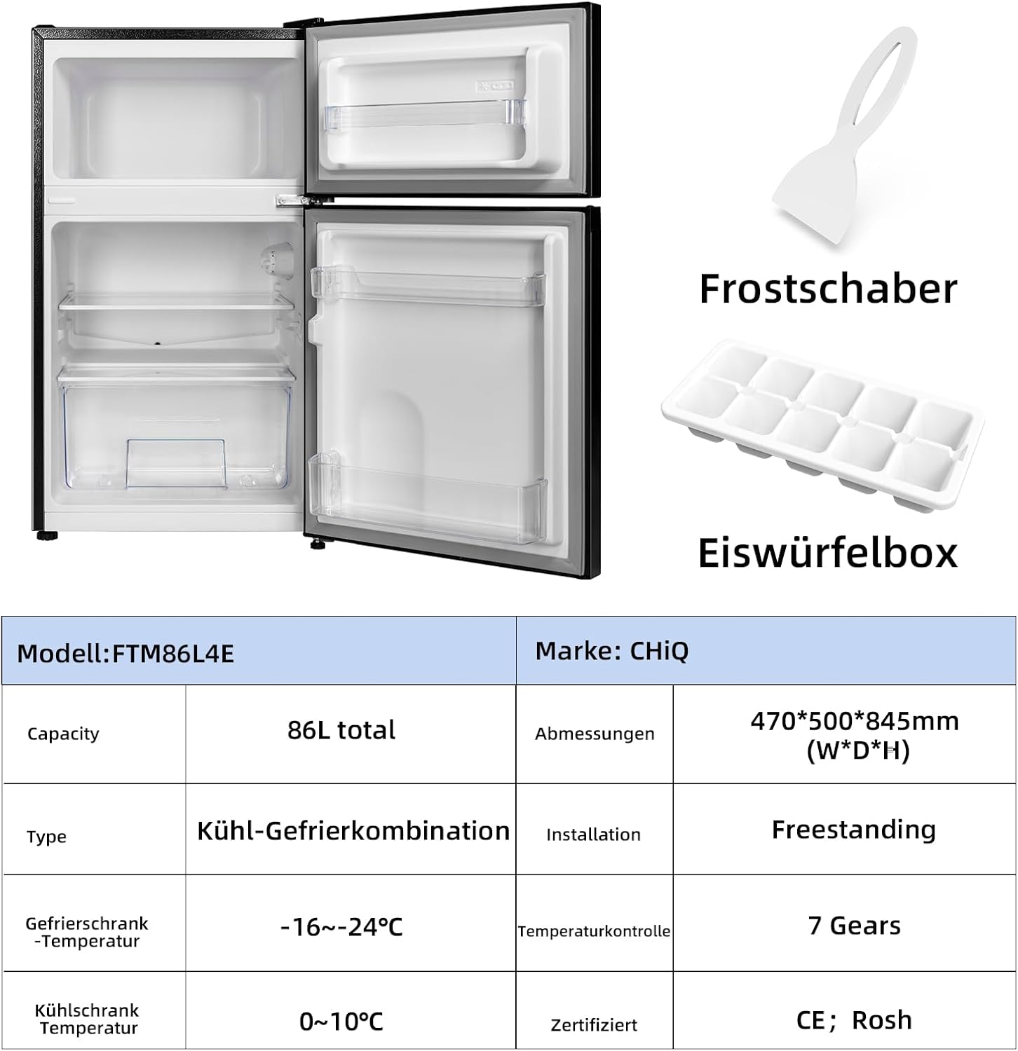 CHIQ Kühl-/Gefrierkombination/Gefrierfach oben Kühlschrank｜86 Liter (25L/61L), 85cm | 4 Sterne Gefrierfach, -18 °C bis -8 °C｜mit LED, für Wohnheime, Wohnungen und Hotels, Kühlschrank mit Gefrierfach