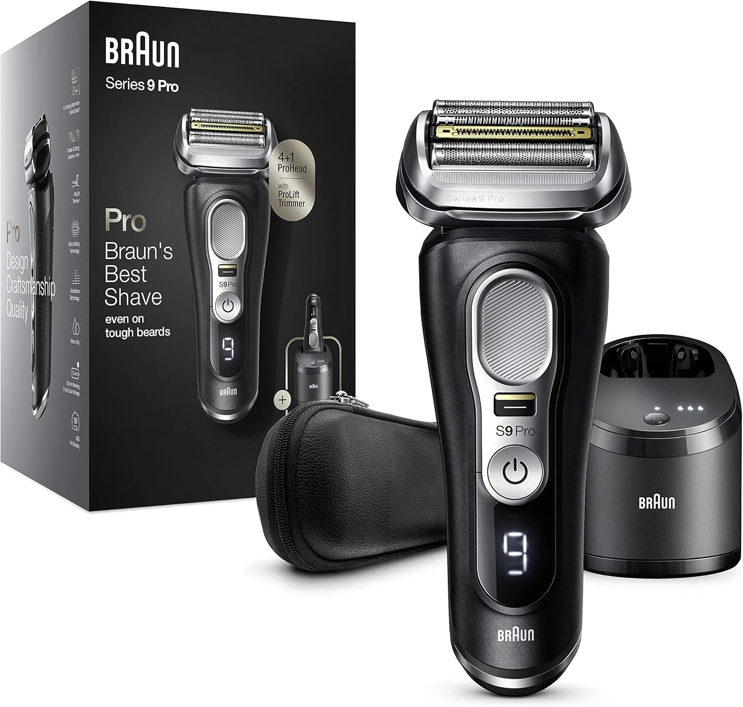 Braun Series 9 Pro Premium Scheerapparaat voor heren met 4+1 scheerkop, elektrisch scheerapparaat & ProLift trimmer, PowerCase, 5-in-1 reinigingsstation, 60 min. gebruiksduur, Made in Germany, 9477cc, zilver
