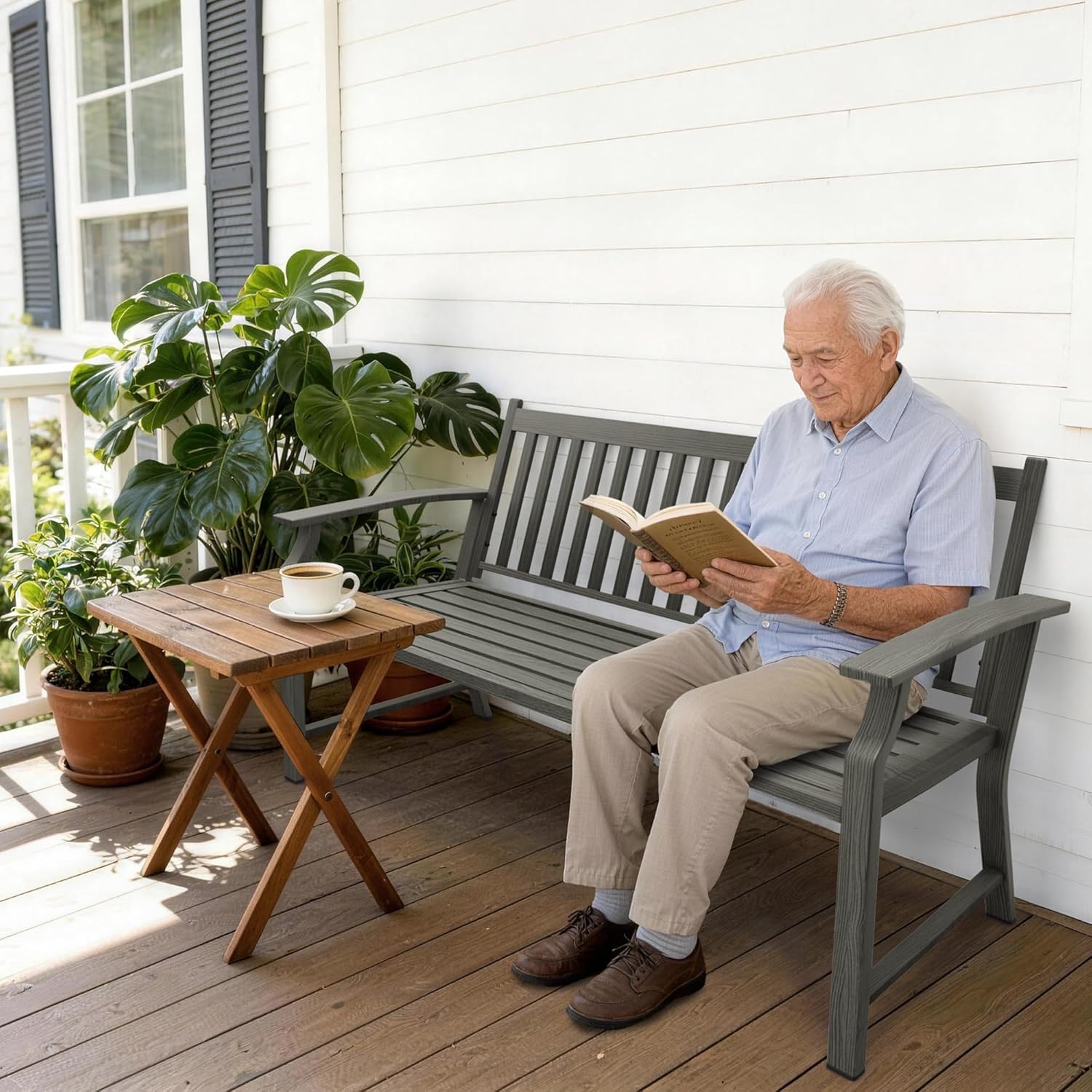 UDPATIO Gartenbank Metall in Holzoptik,Wetterfeste Sitzbank Outdoor, Bank 2–3 Sitzer für Balkon & Garten,Balkonmöbel mit Rücken & Armlehnen,Grau