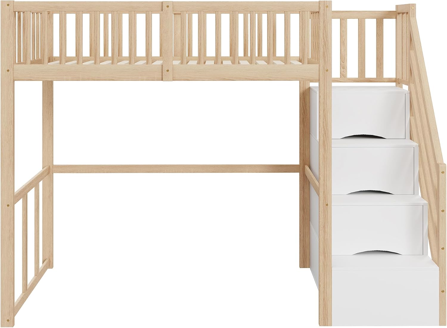 Moimhear Hochbett 90x200cm mit Sicherheits-Aufbewahrungsleiter, Bettgestell aus massivem Kiefernholz für Kinder und Jugendliche (Holzfarbe + Weiß)