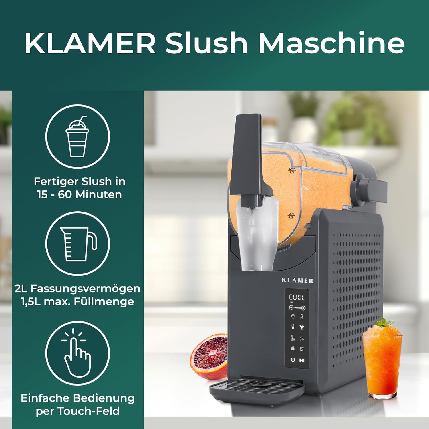 KLAMER Slush Maschine, mit 5 smarten Programmen: Slushie, Cocktail, Milchshake, Frappé, Wein, Automatische Reinigung, 2L Fassungsvolumen, Turbo Freeze, kein Eis erforderlich, mit digitalem Rezeptbuch