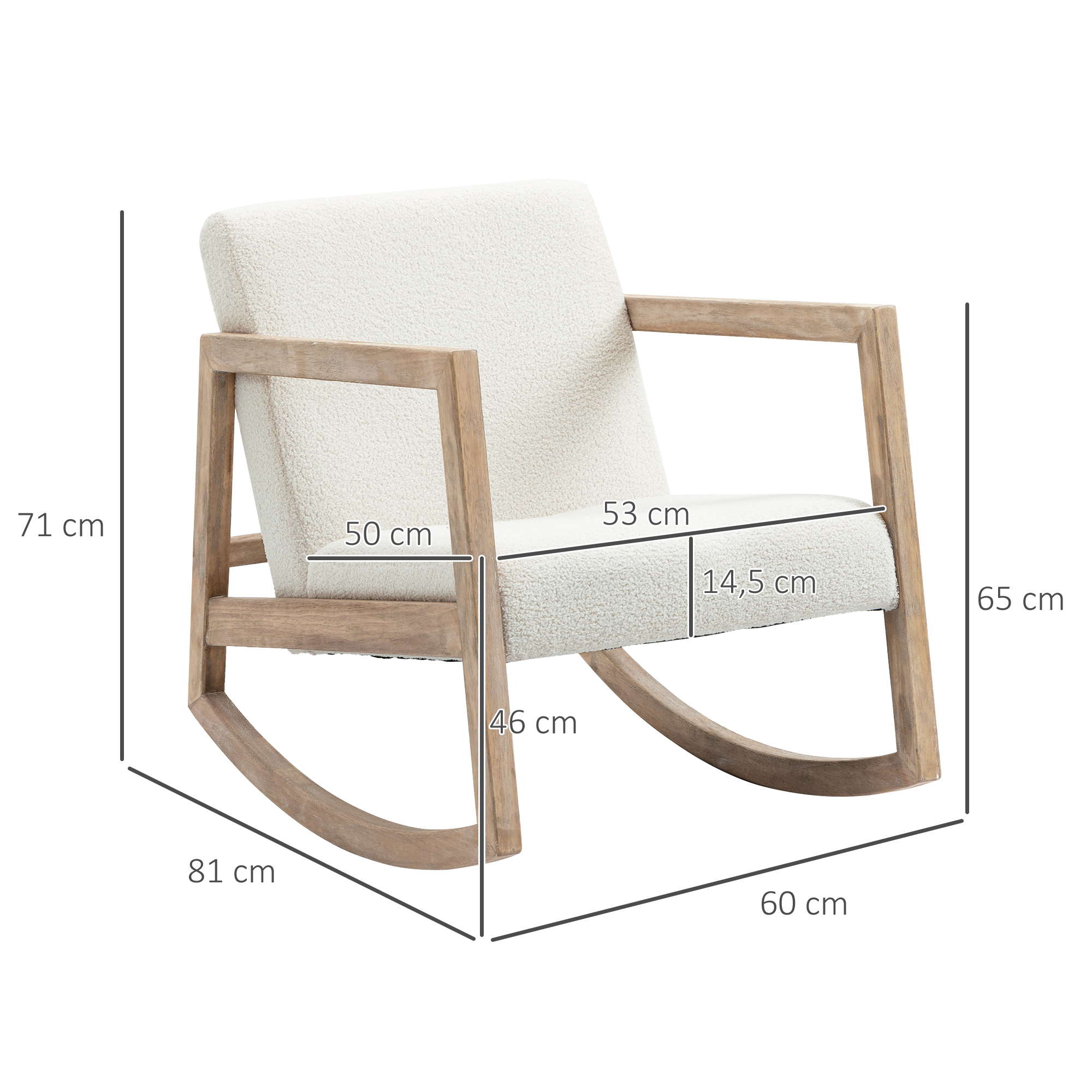 schommelstoel met houten frame, gestoffeerd, relaxstoel, fauteuil, woonkamerstoel, salon met gestoffeerde zitting, rubberhout, cr��me wit, 60 x 81 x 71 cm