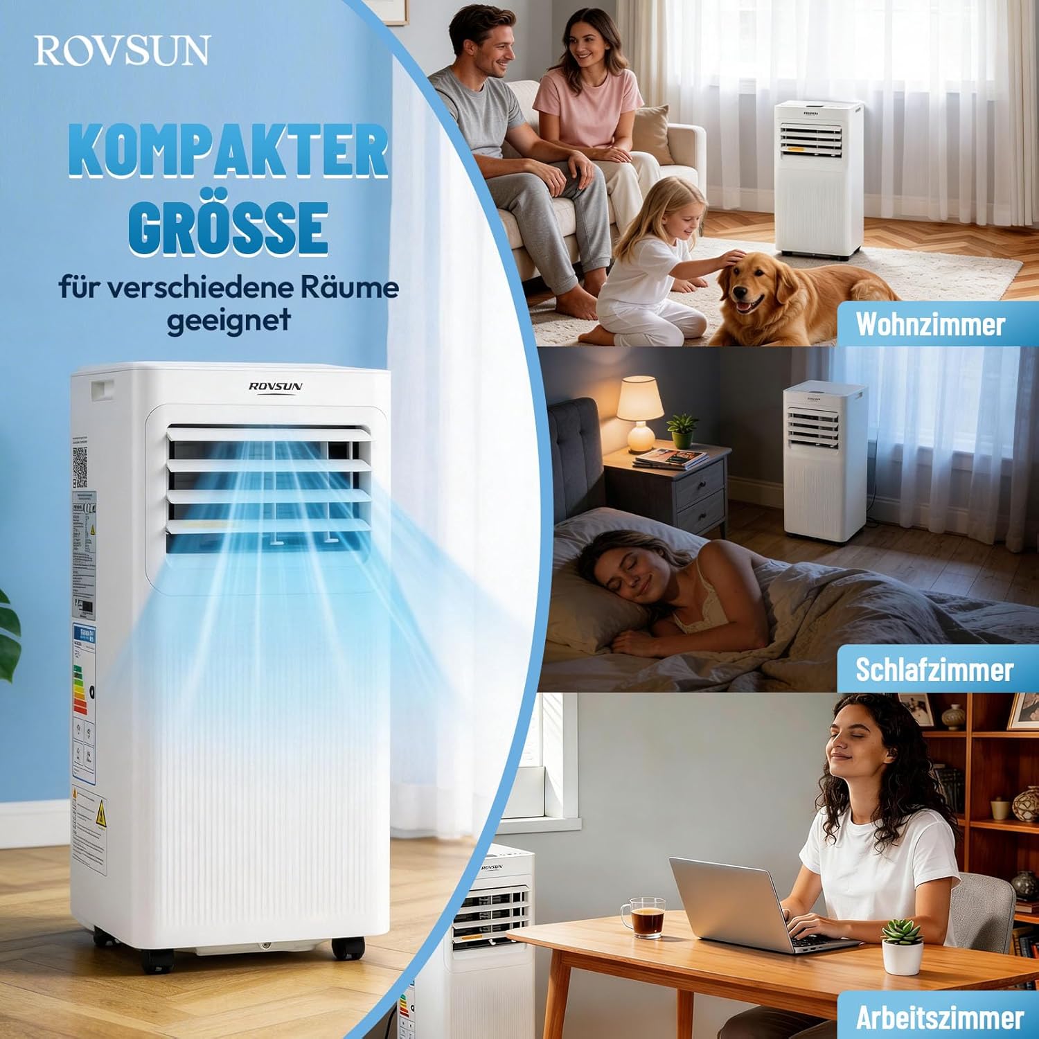 ROVSUN 3 in 1 Klimaanlage Mobil 9000 BTU mit Abluftschlauch, Moiles Klimagerät Mini Klimaanlage mit LED-Display & Fernbedienung & APP, 24H-Timer (9000, BTU)