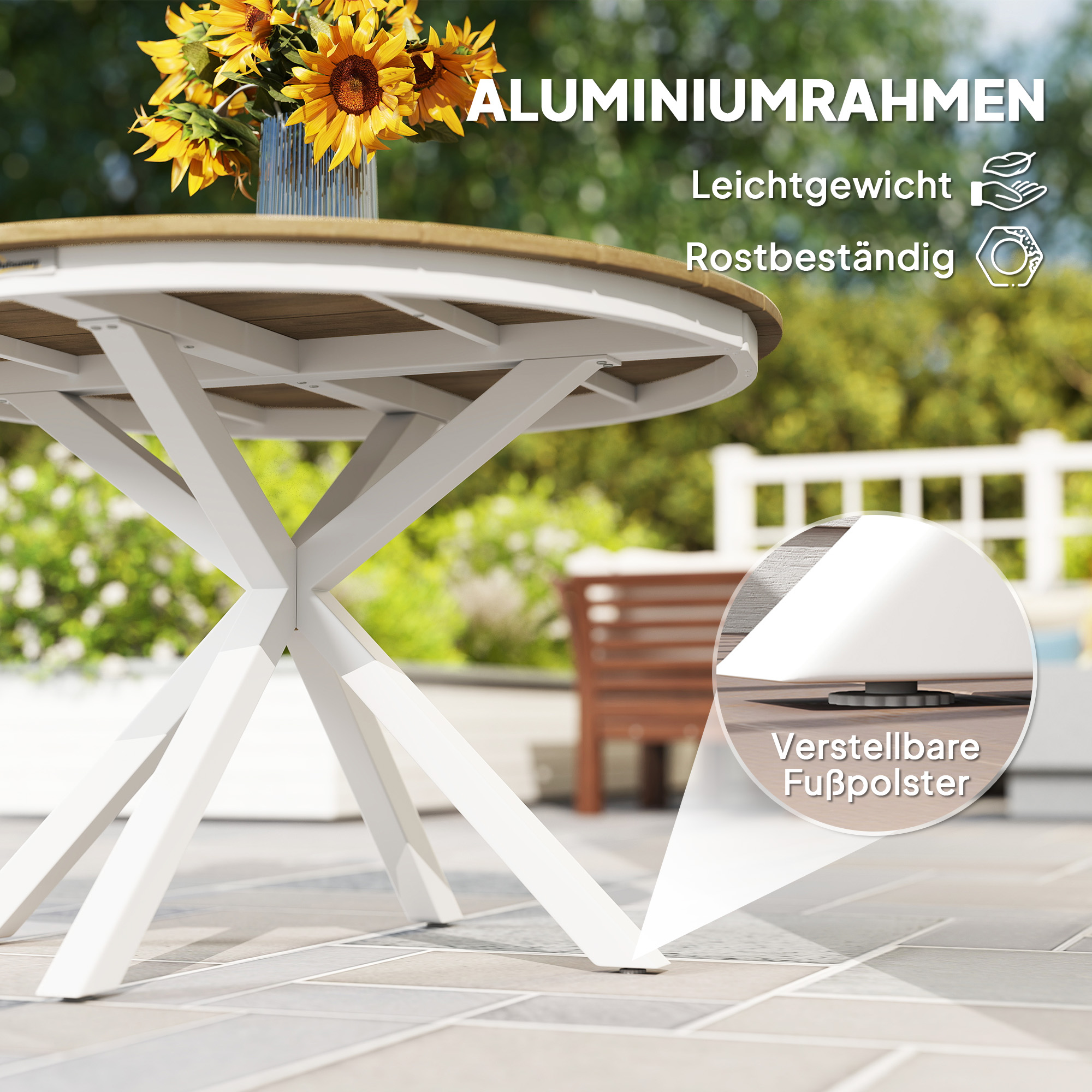Outsunny Tuintafel Ø118cm, Weerbestendig Balkontafel uit Aluminium, Bijzettafel met Kruispoten Latontwerp Teak
