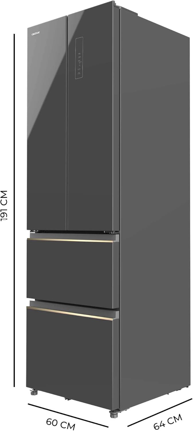 Cecotec Refrigerateur Congelateur 4 Portes Française Bolero CoolMarket Combi F2D 400 Grey Glass E. Réfrigérateur 400L, verre gris, NoFrost, MultiAirFlow, Inverter, mode ECO, bacs fruits et alarmes