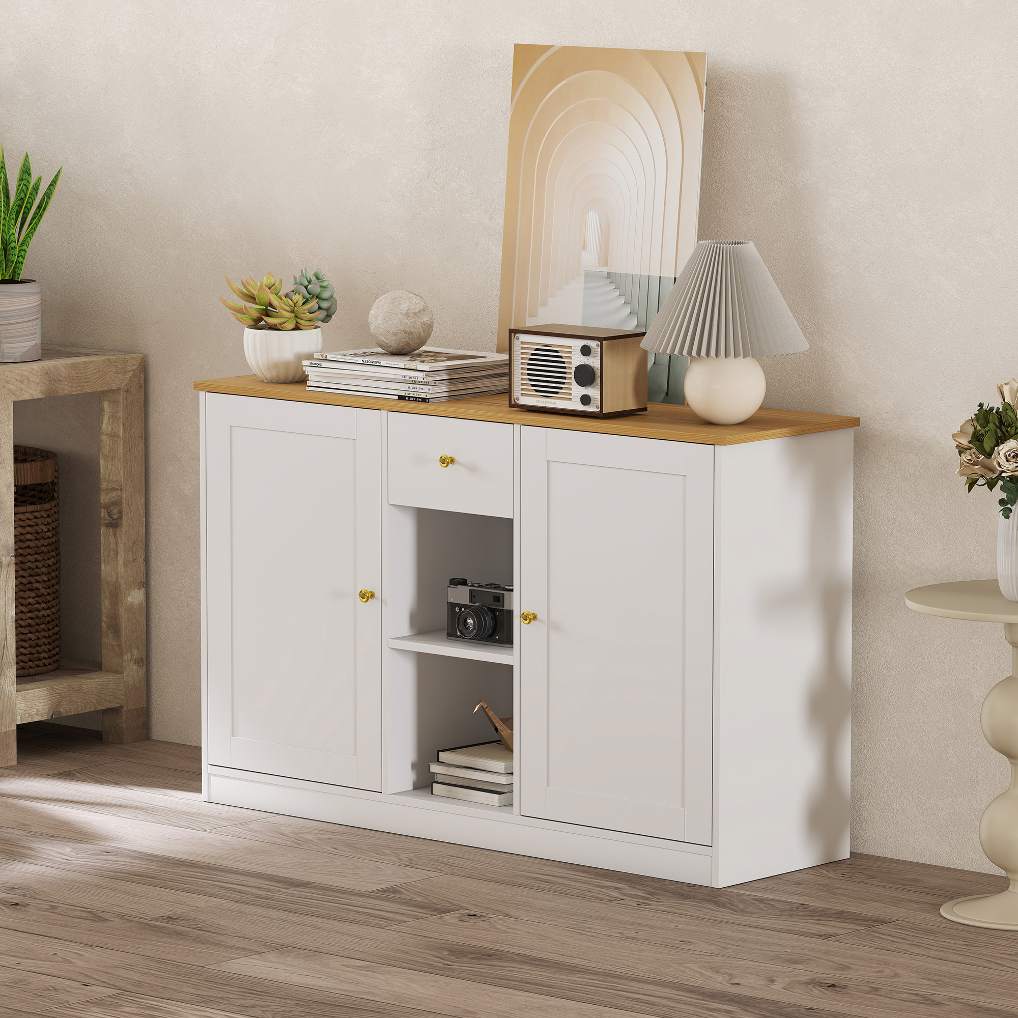 Keukenkommode, Sideboard met Lade, Kasten, Schappen, Spaanplaat, Wit