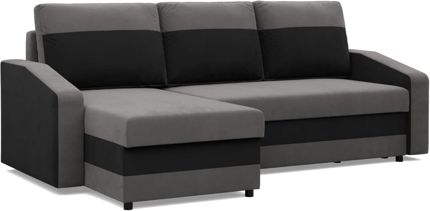 Mebligo - Ecksofa mit Schlaffunktion und Bettkasten Orion, Eckcouch Universelle Seite, Sofa L Form (BxTxH) 231 x 140 x 85 cm, Couch Wohnzimmer, Ecke Sofa, Grau + Schwarz (Mikro 27 + Mikro 15)