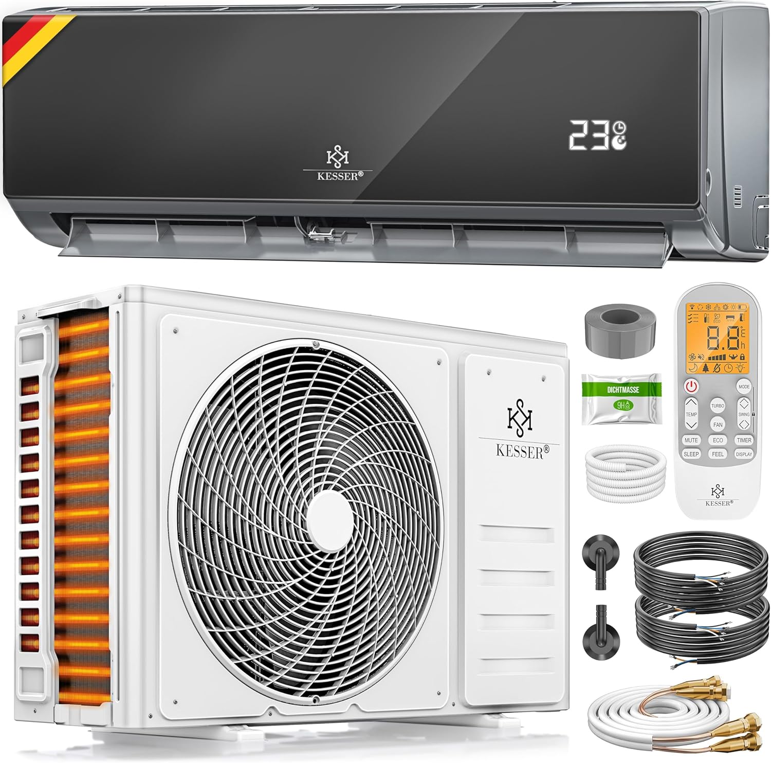 KESSER® Split Klimaanlage Set Quick Connect – WiFi & App Klimagerät mit Heizfunktion & Kühlmodus Wandklimaanlage, mit Kupferleitung 9000 BTU 2,6 kW Kältemittel R32 Inkl. Montagematerial
