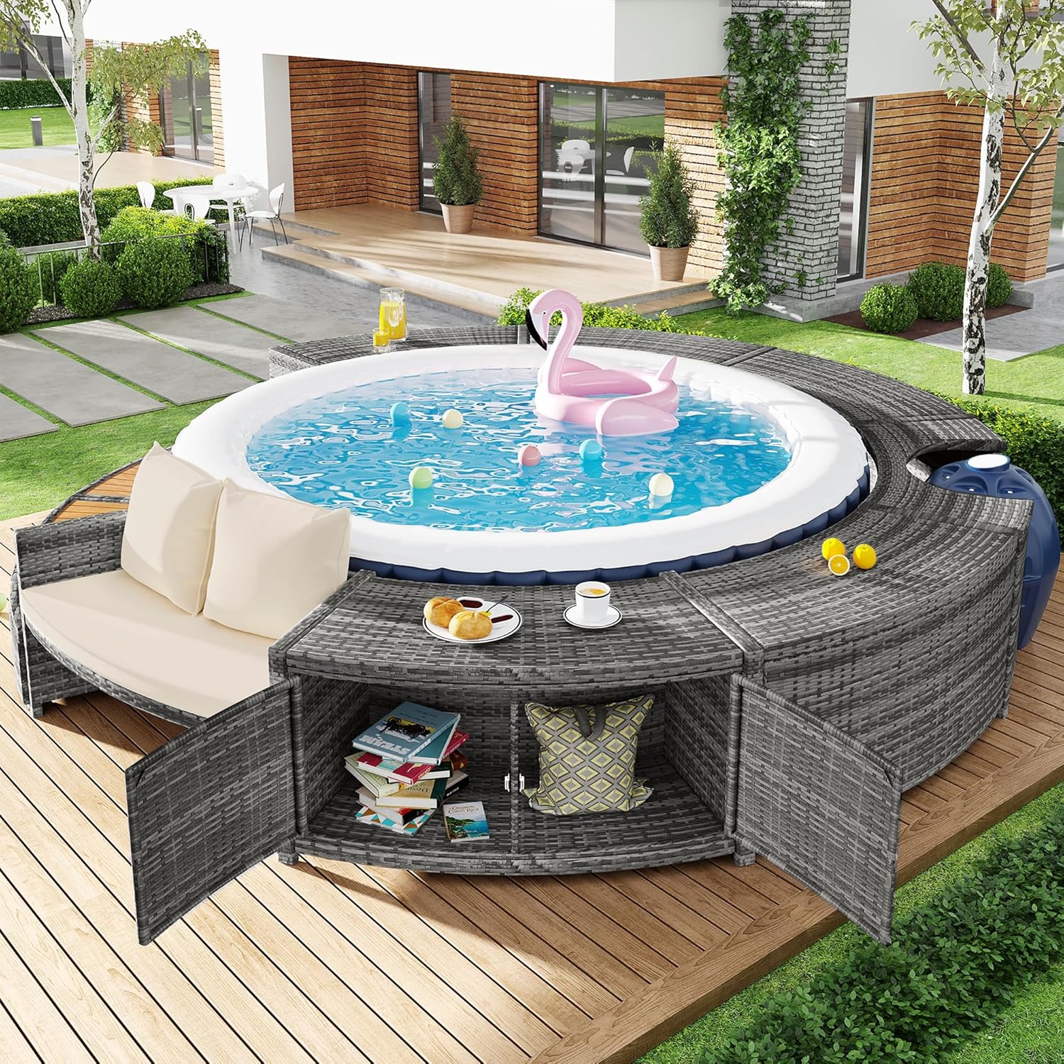 Soweiz Poolumrandung, Spa-Pool, Gartenmöbel-Set, PE-graues Rattan und Akazienholz, mit Stauraum, Lounge-Set, mit verstellbaren Füßen, inklusive Kissen, für Whirlpool und Pool