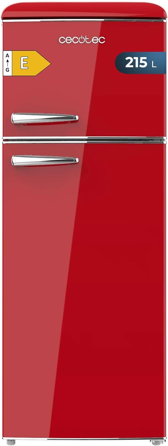 Cecotec Réfrigérateur à deux portes rétro 215 L Bolero CoolMarket 2D Origin 215 Rouge. Hauteur 148,2 cm et largeur 55,2 cm, LED, Poignée chromée, Étagères en verre, Contrôle de la température