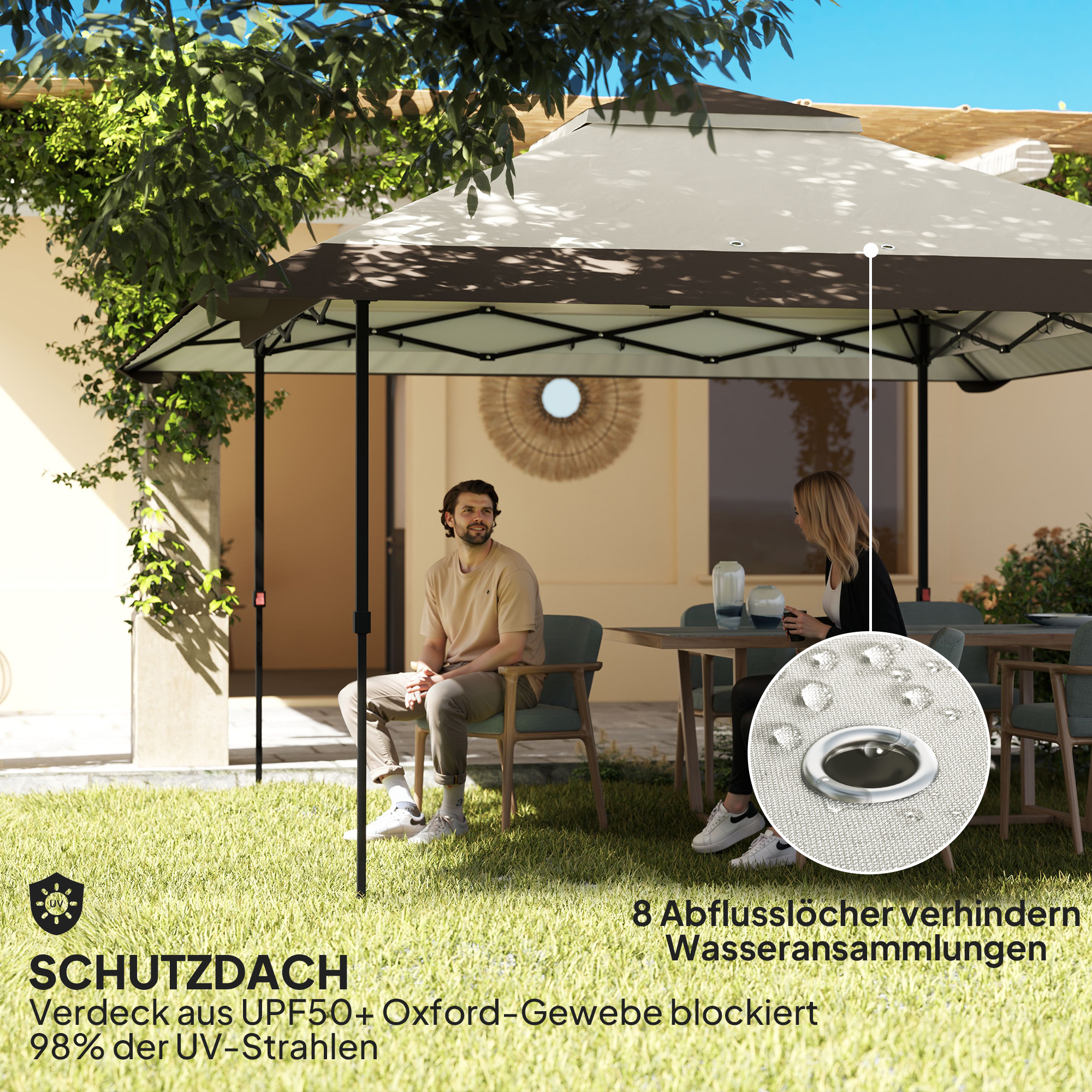 Outsunny 4 x 4 m Tuin Paviljoen, Tuinent met Netwanden, UPF50+ Bescherming, Hoogteverstelbare Partytent, Beige