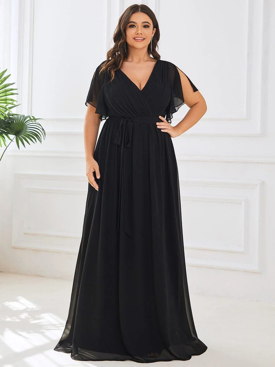 Abendkleid Damen Maxi A-Linie aus Chiffon | Festliches Kleid f��r Hochzeitsg?ste mit V-Ausschnitt und Fl��gel?rmeln