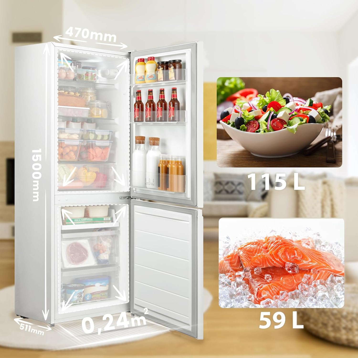 Comfee RCB169DK2(E) Fridge/Freezer Combination, 150 cm Height, Low Frost, Adjustable Fridge Temperature, LED Light, 195 kWh per Year, Fridge Capacity 115 L, 59 L Freezer, Black