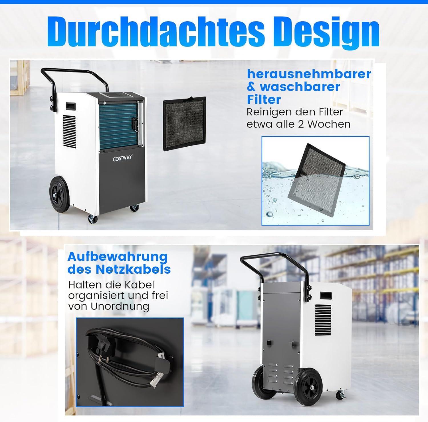 COSTWAY 73 L/Tag kommerzieller Luftentfeuchter, industrieller Bautrockner mit Ablaufschlauch & 24H Timer, tragbarer Entfeuchtungsgerät mit Rollen für Keller, Lager, Baustelle bis zu 695m³ (Weiß)