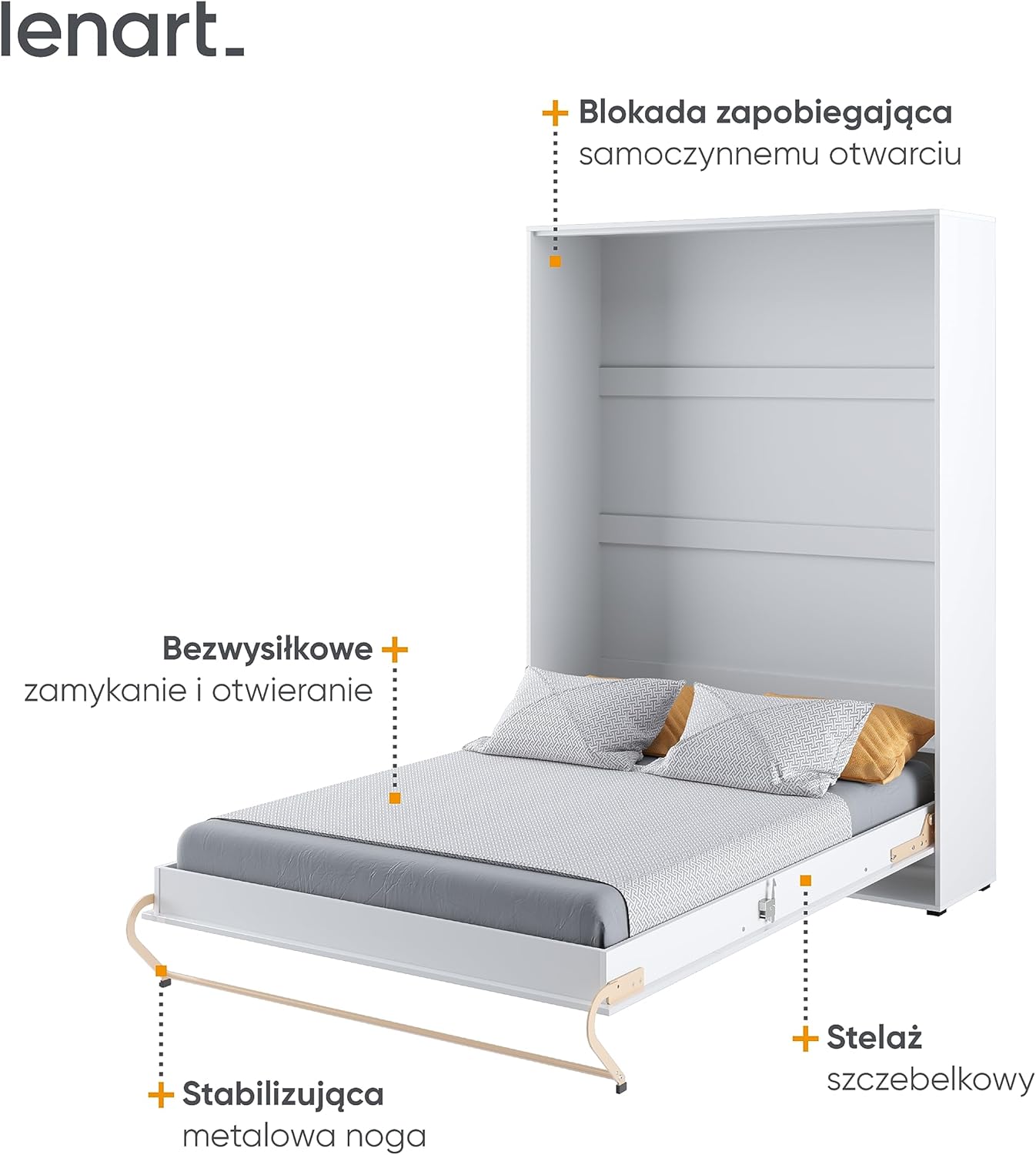 Homlando Lenart Schrankbett - Wandbett Concept Pro CP01 140x200 cm - Schrankklappbett Vertikal - Schrank mit integriertem Klappbett - Funktionsbett (Weiß Matt/Weiß Glanz)