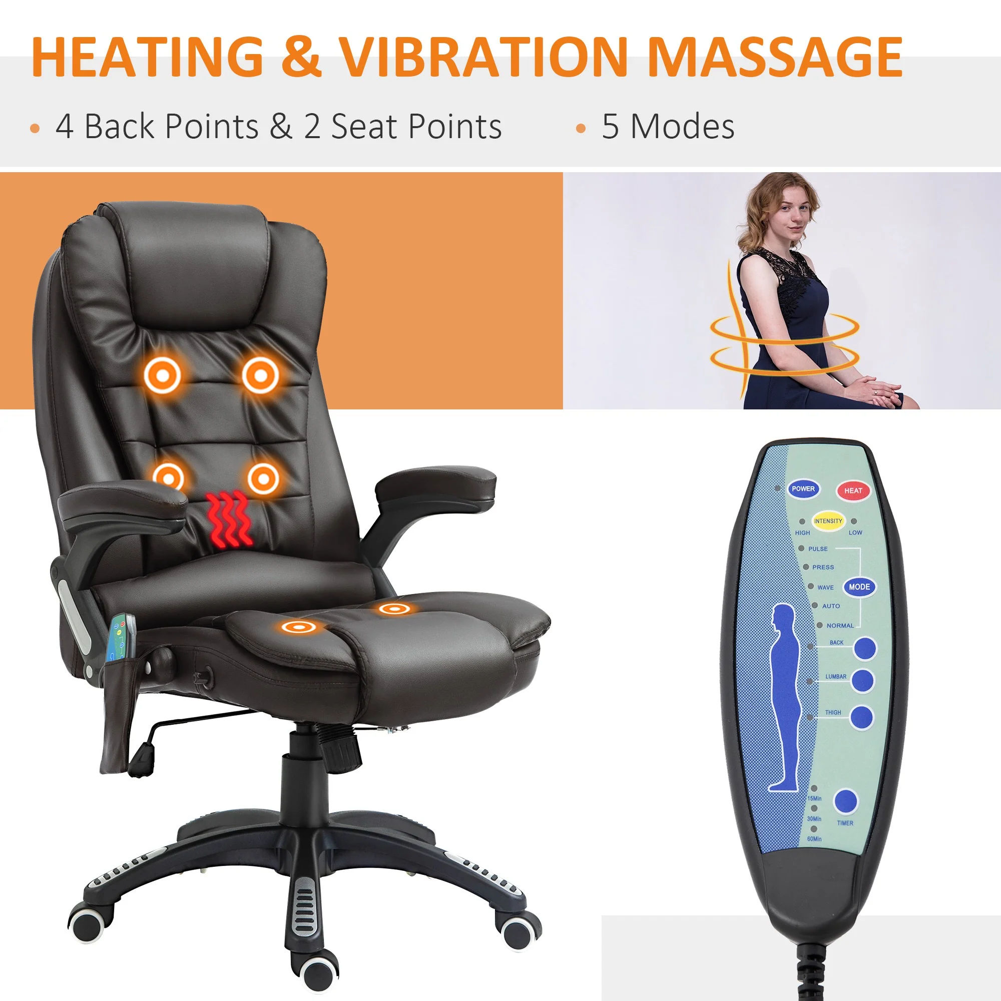 Executive bureaustoel met massage en verwarming, PU-leder hoge rugleuning bureaustoel, bruin