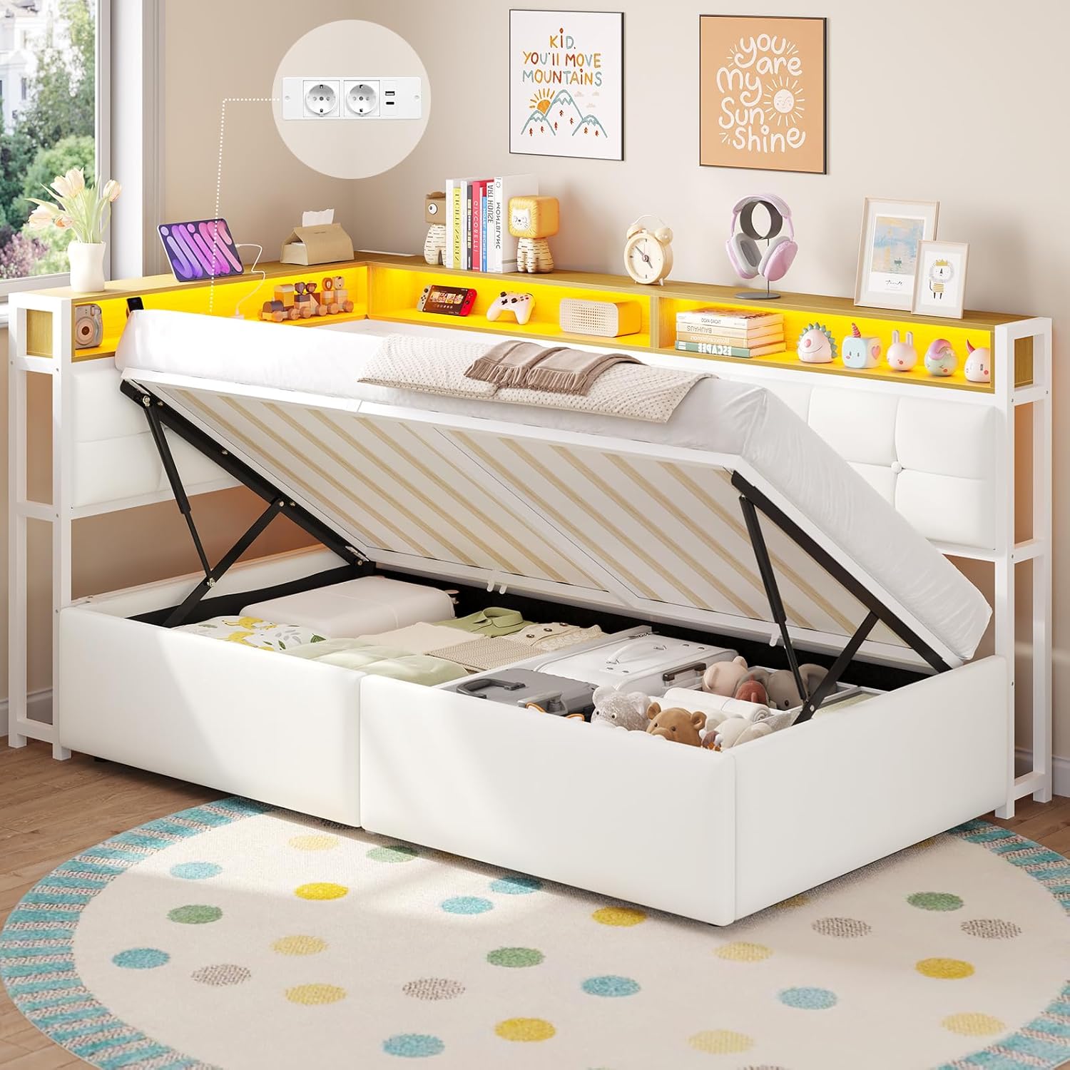 DICTAC Jugendbett 90x200 mit Stauraum, LED & Ladestation | Polsterbett mit hydraulischem Stauraum, zweistöckiges Ablagefach | Tagesbett Einzelbett in weiß– für Kinder, Jugendliche & Erwachsene