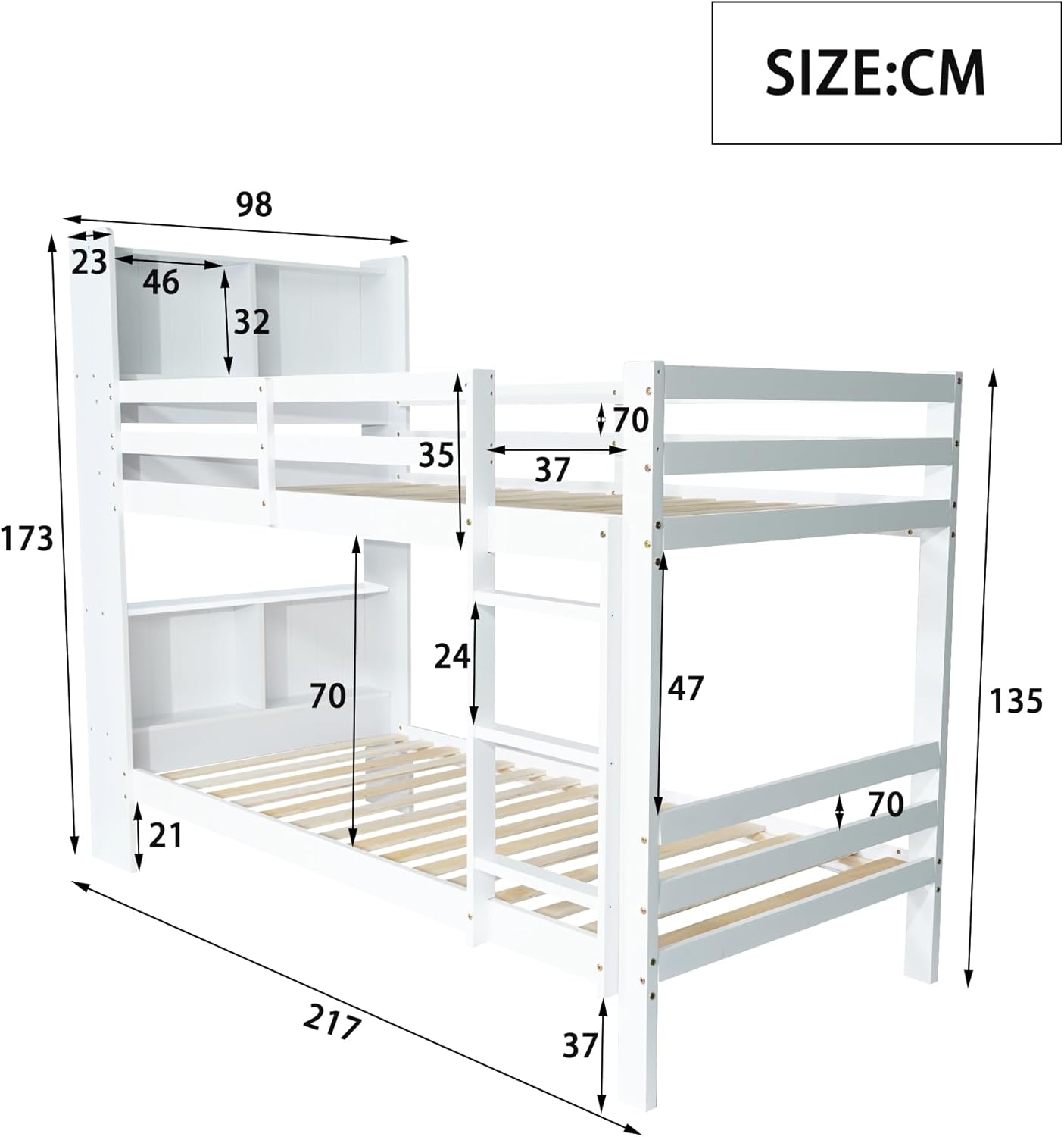 Kinderbett 90x200 mit Regalen und Leiter, Funktionsbett Etagenbett für 2 Kinder, Stockbett Hochbett Jugendhochbett mit Stauraum und Lattenrost,Jugendbett Bettrahmen aus Massivholz,ohne matratze,Weiß