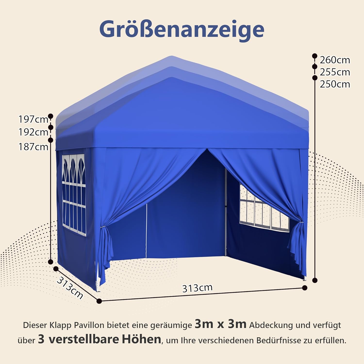 Sonnenschutz Überdachung Terrasse Garten Pavillon 3x3m wasserdicht stabil Winterfest mit 4 Seitenwänden höhenverstellbar Faltpavillon für Camping Party & Hochzeit inkl. Sandsäcke & Abspannseile