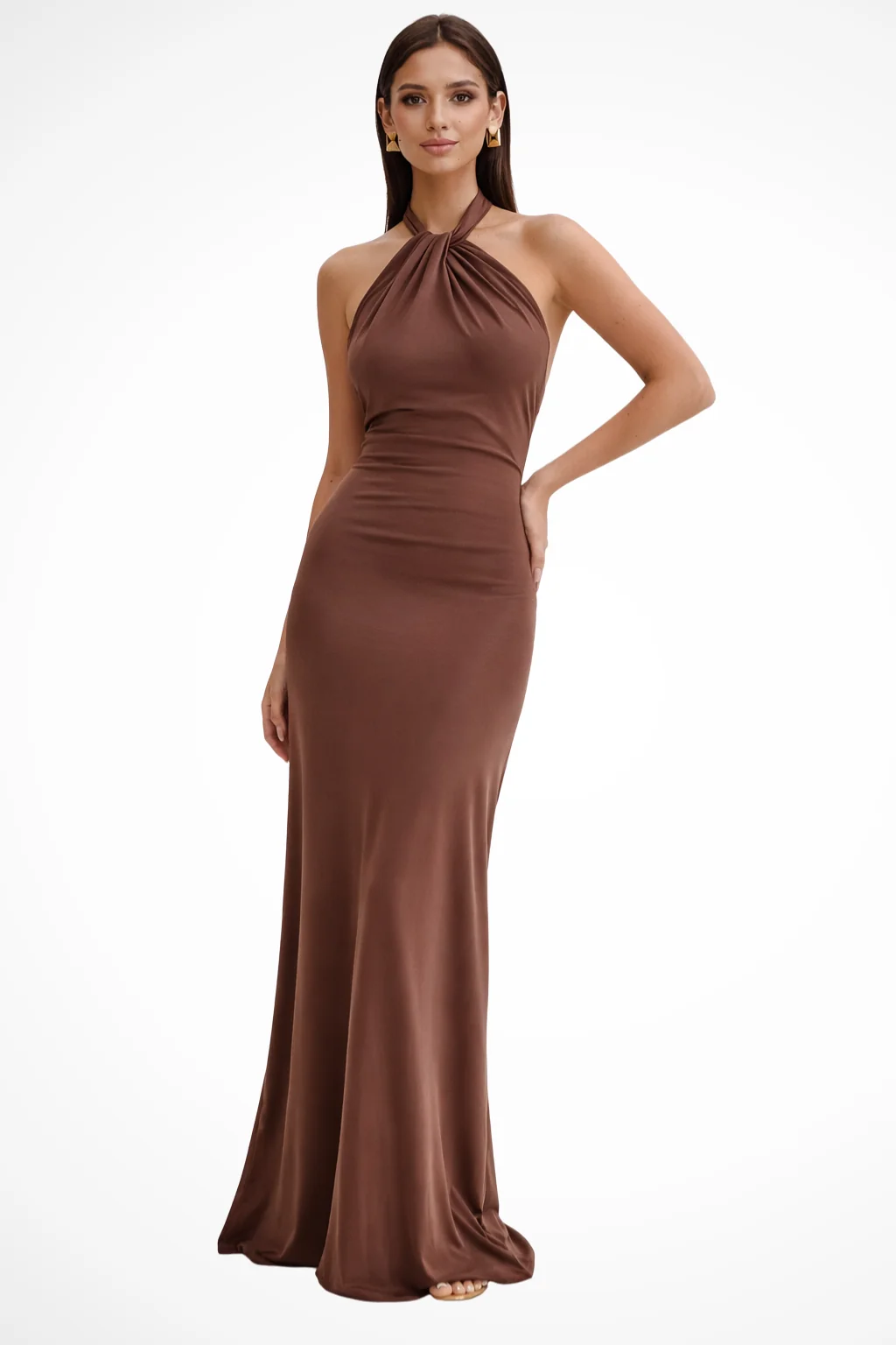 Neckholder Maxi-Kleid f��r Damen | R��ckenfreies Abendkleid mit Raffungen | Elegantes Kleid f��r Hochzeitsg?ste Figurbetont