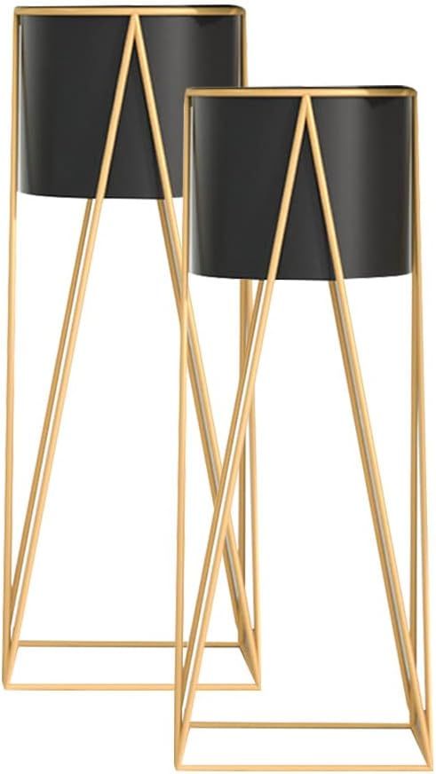 SOGA Set of 2 Gold Metal Plant Stands with Black Pot Holders - 50cm Indoor Corner Shelf