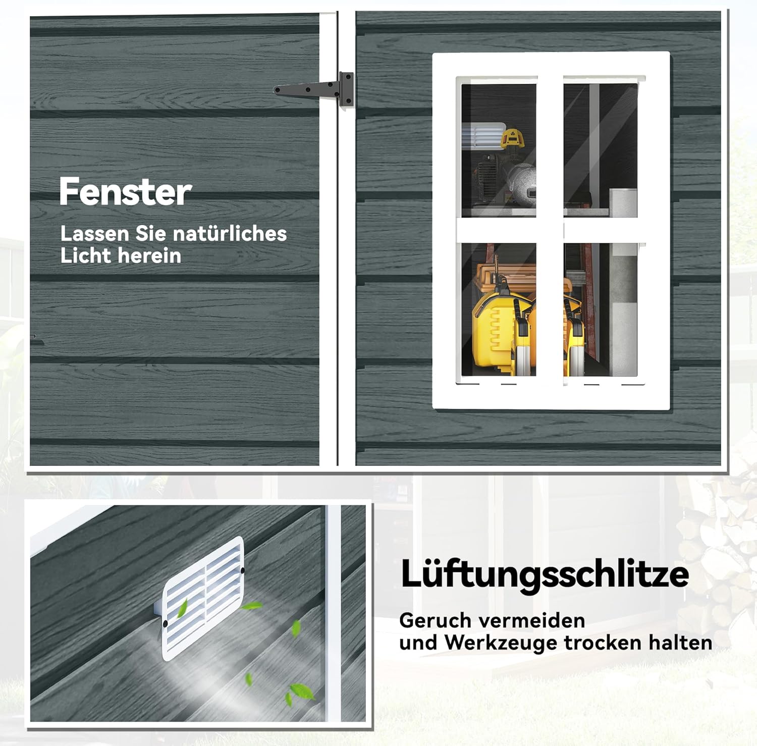 Outsunny Gerätehaus 2,89 m² Geräteschuppen mit Holzoptik 3 Fenster 182 x 182 x 196 cm Kunststoff Gartenschuppen mit Belüftung Boden Schloss Handschuhe, Gartenhaus für Werkzeuge Fahrrad Grau