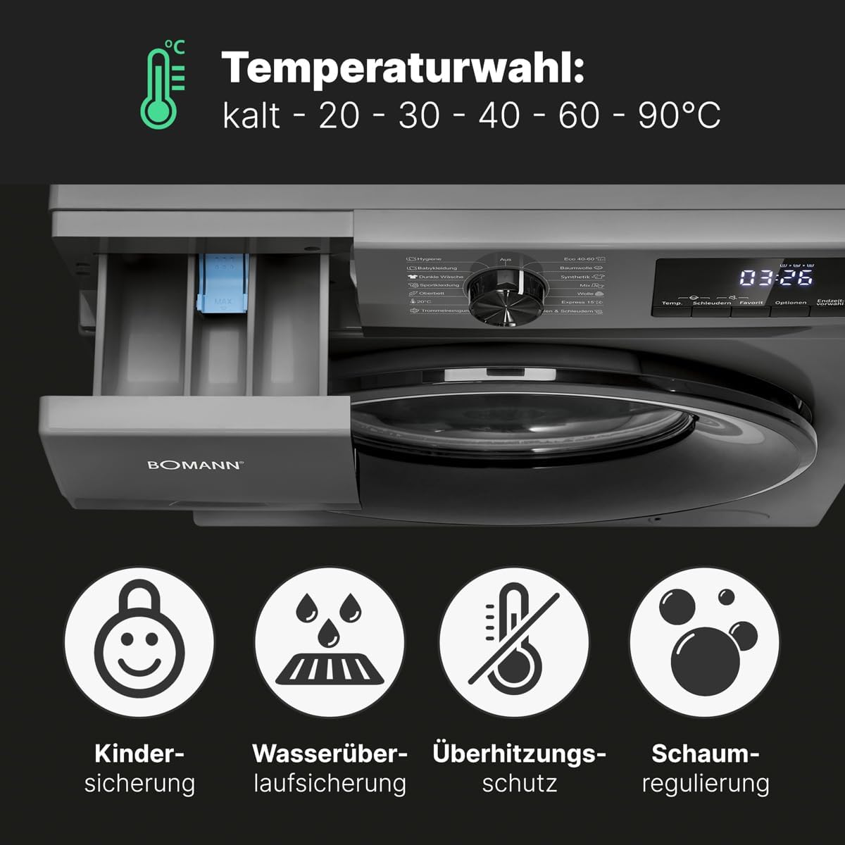 Bomann Wasmachine 7kg | maximaal 1400 tpm | 10 jaar motorgarantie | Effici?nte, stille en duurzame invertermotor | 15 programma's | Eindtijd Netnummer | LED-scherm | Wasmachine | WA 7175 wit