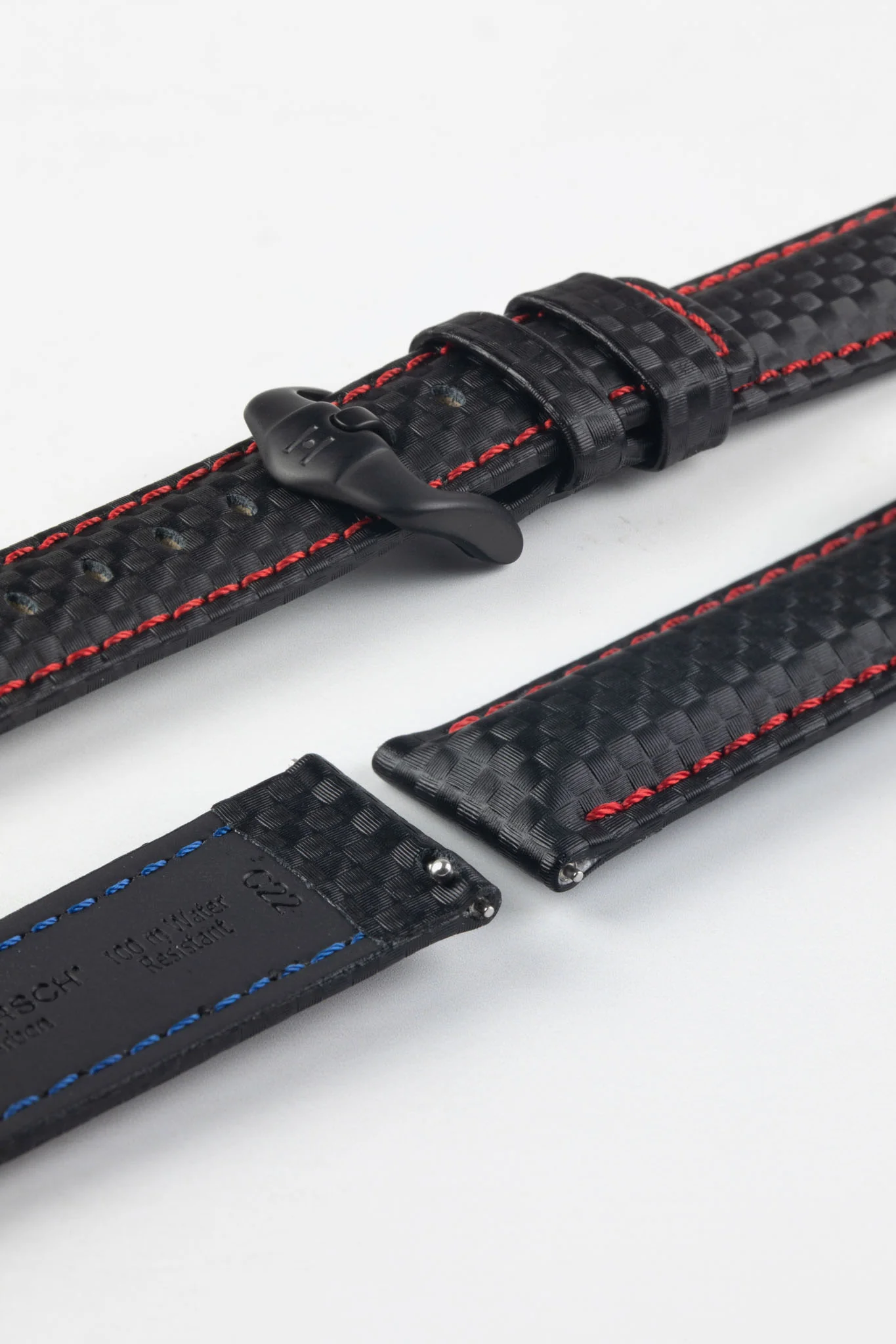 Hirsch CARBON Decorated Waterproof Leather Watch Strap in BLACK / RED