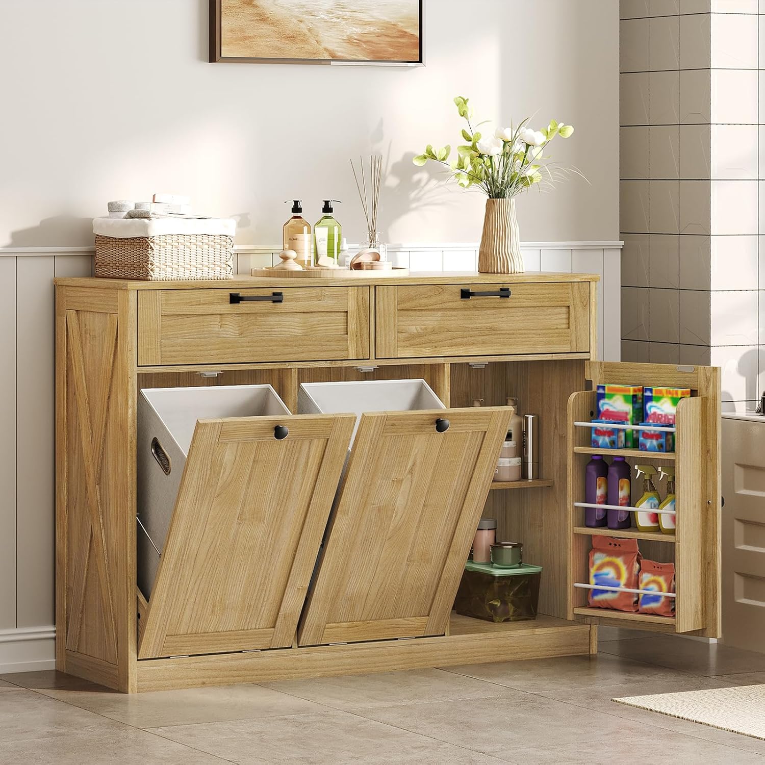 Double Tilt Out Laundry Hamper Cabinet, 43.3